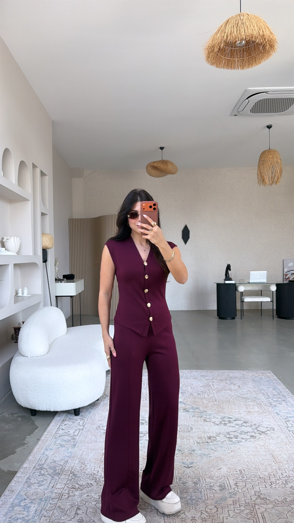 Bordo Modal Gold Düğmeli Yelekli Takım