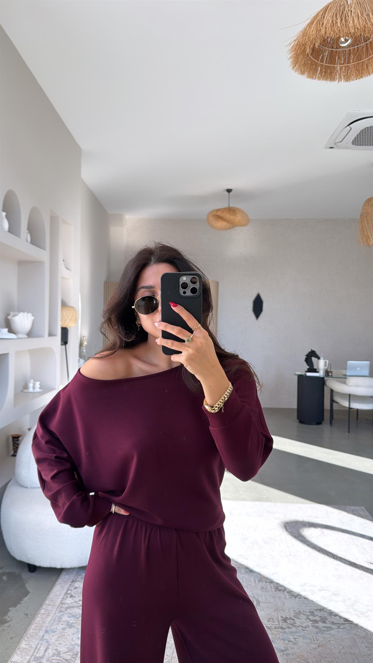 Bordo Modal Kayık Yakalı Takım