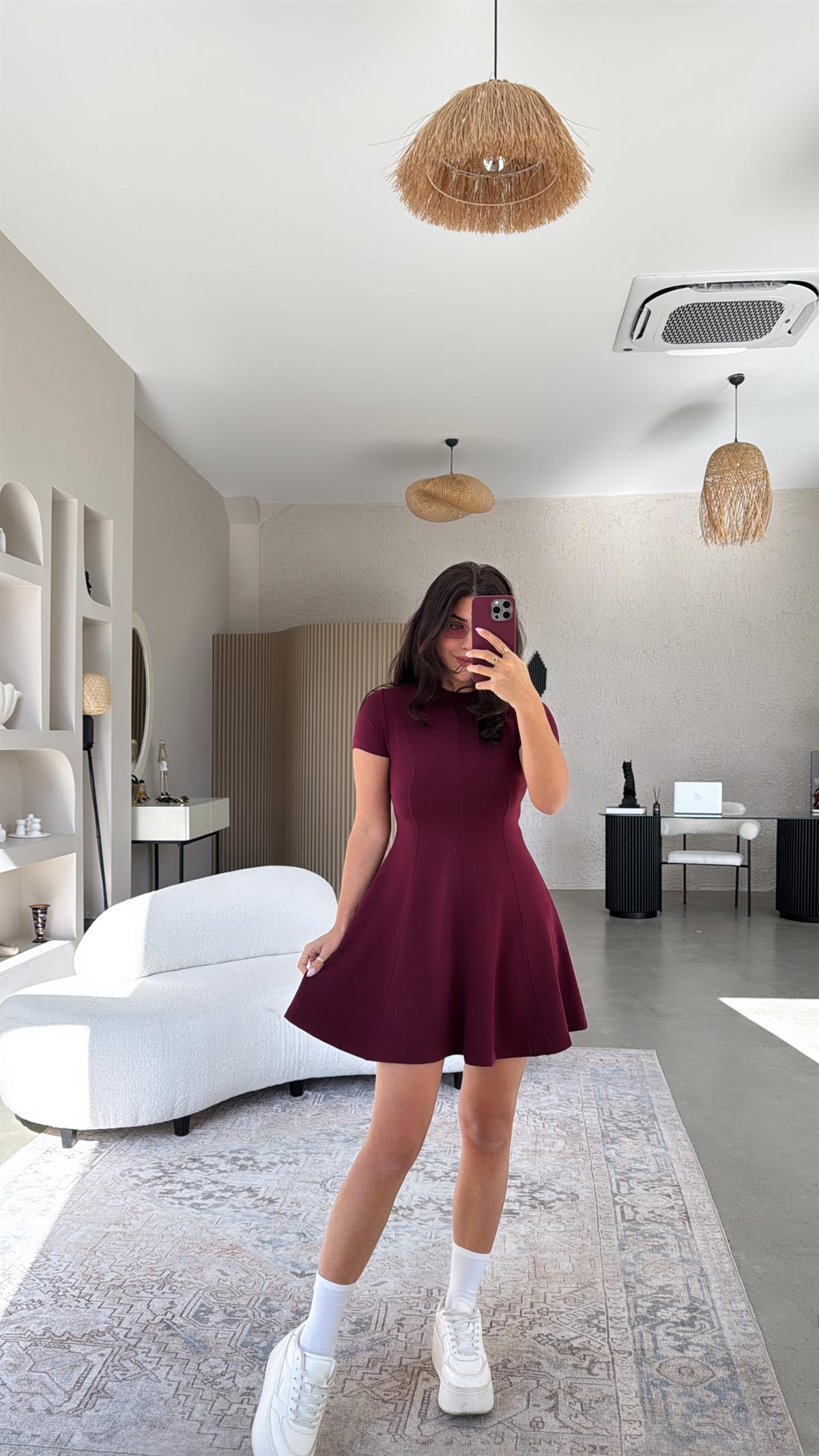 Bordo Modal Kısa Kollu Çımalı Elbise
