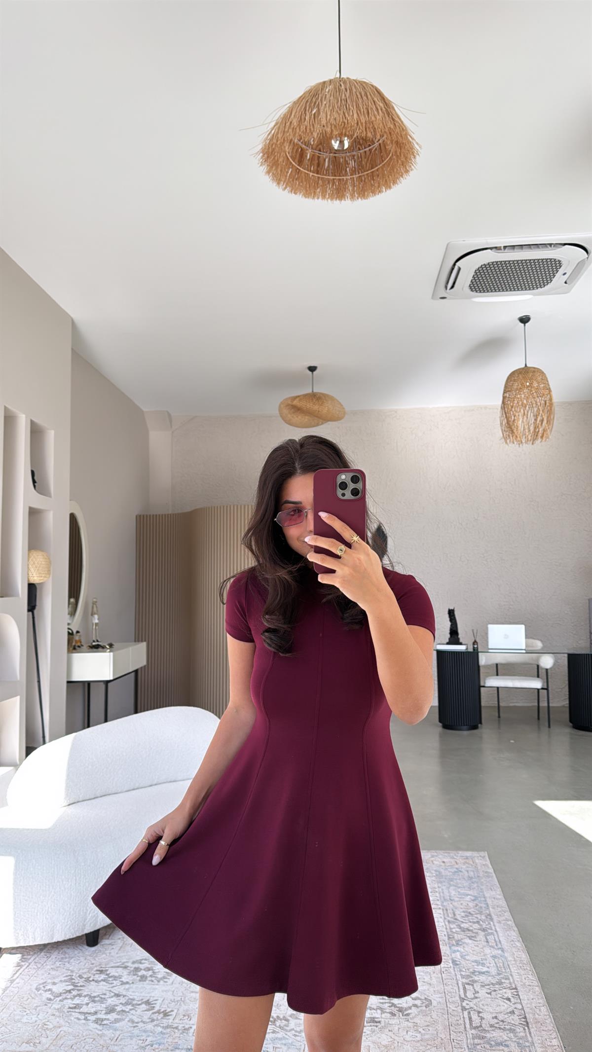 Bordo Modal Kısa Kollu Çımalı Elbise