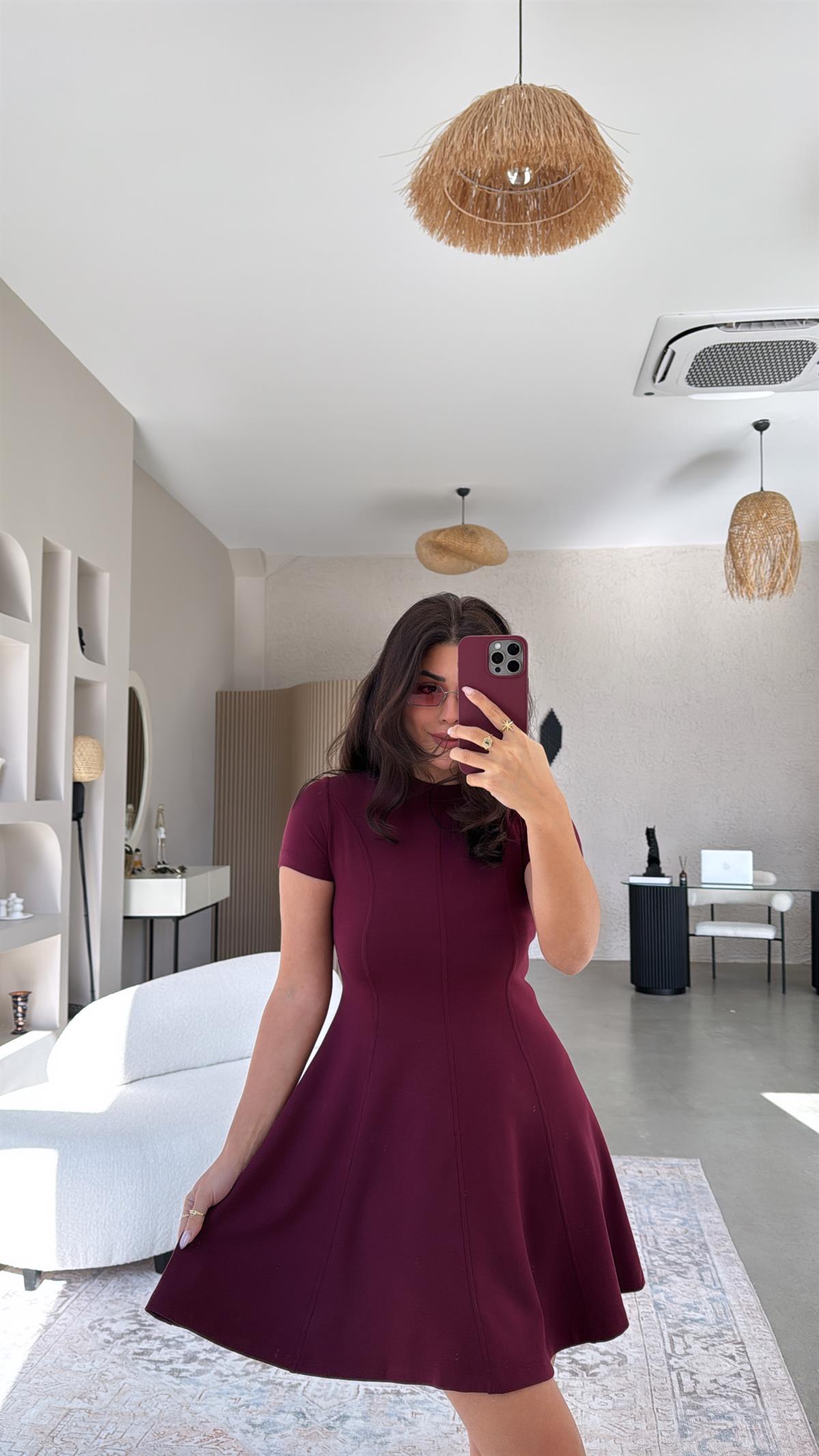 Bordo Modal Kısa Kollu Çımalı Elbise