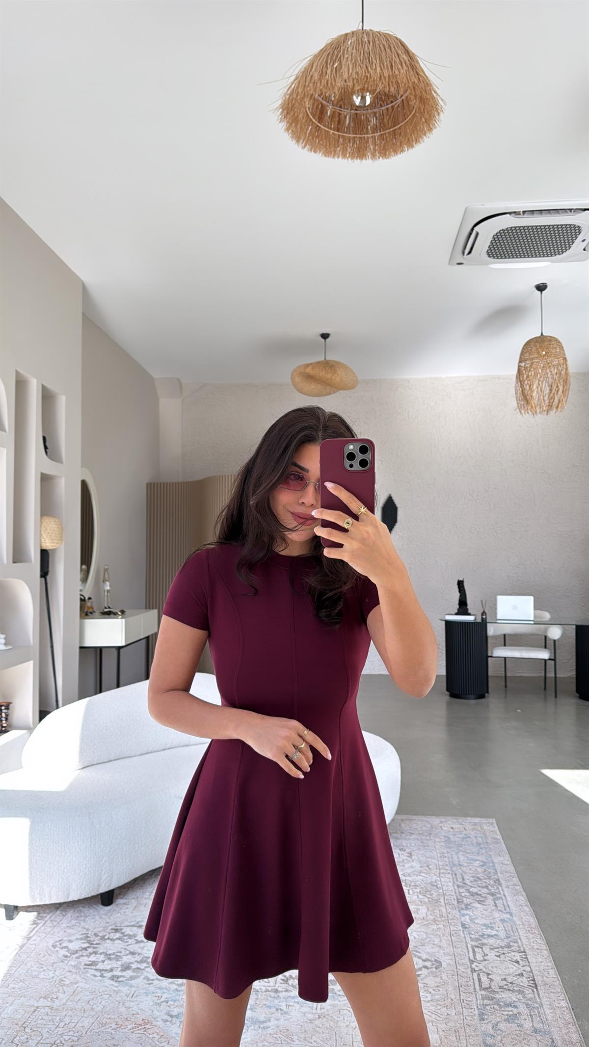 Bordo Modal Kısa Kollu Çımalı Elbise