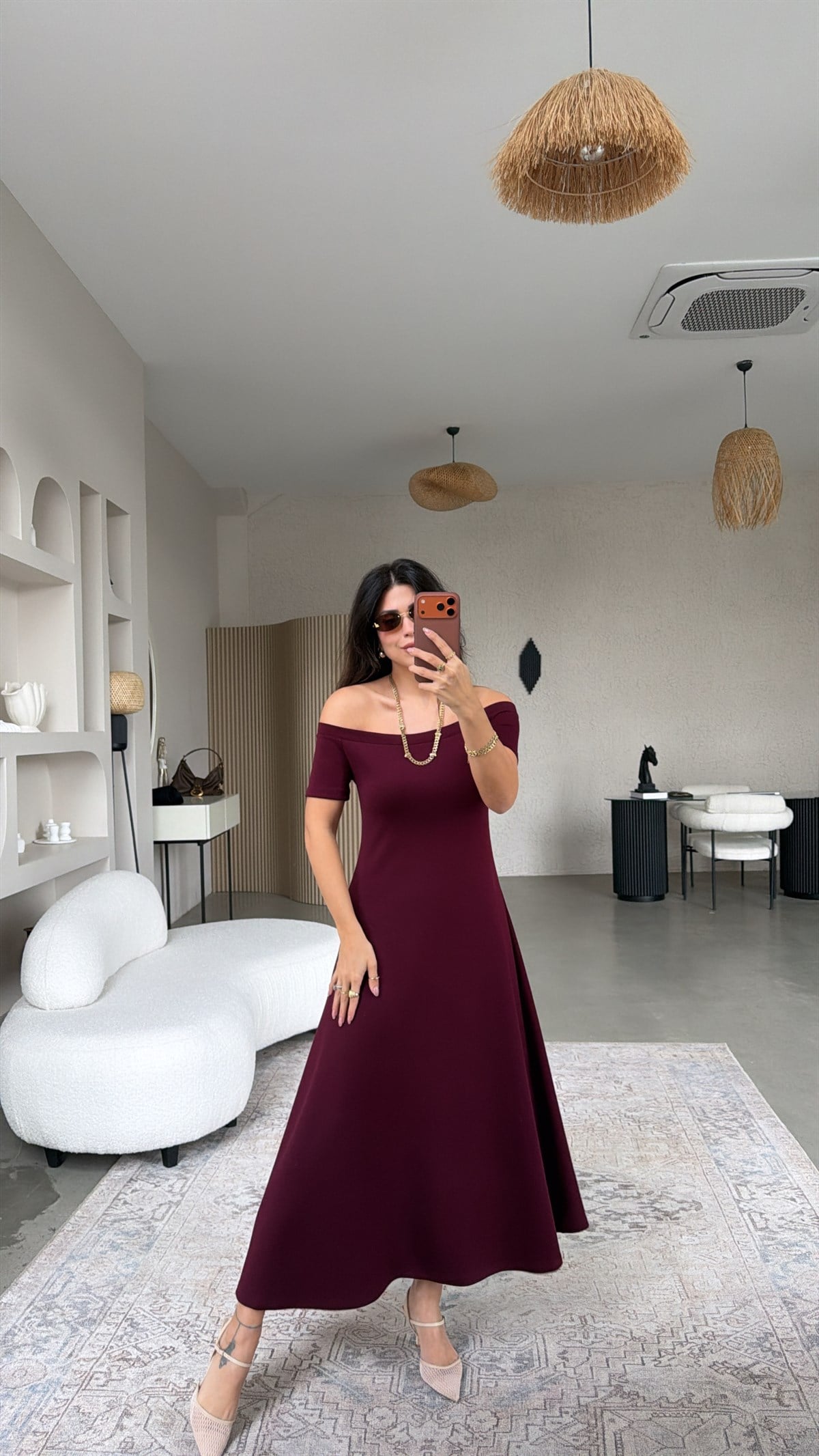 Bordo Modal Omzu Açık ZR Model Elbise