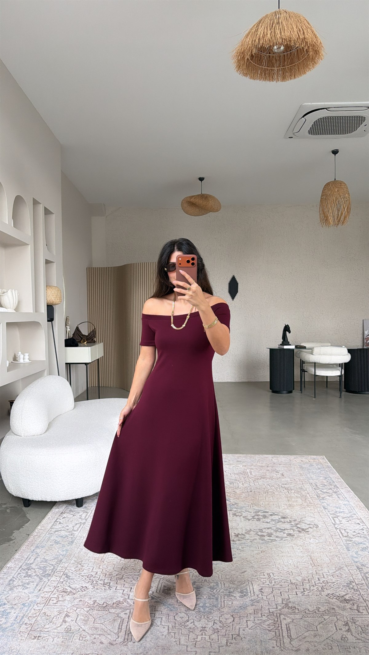 Bordo Modal Omzu Açık ZR Model Elbise