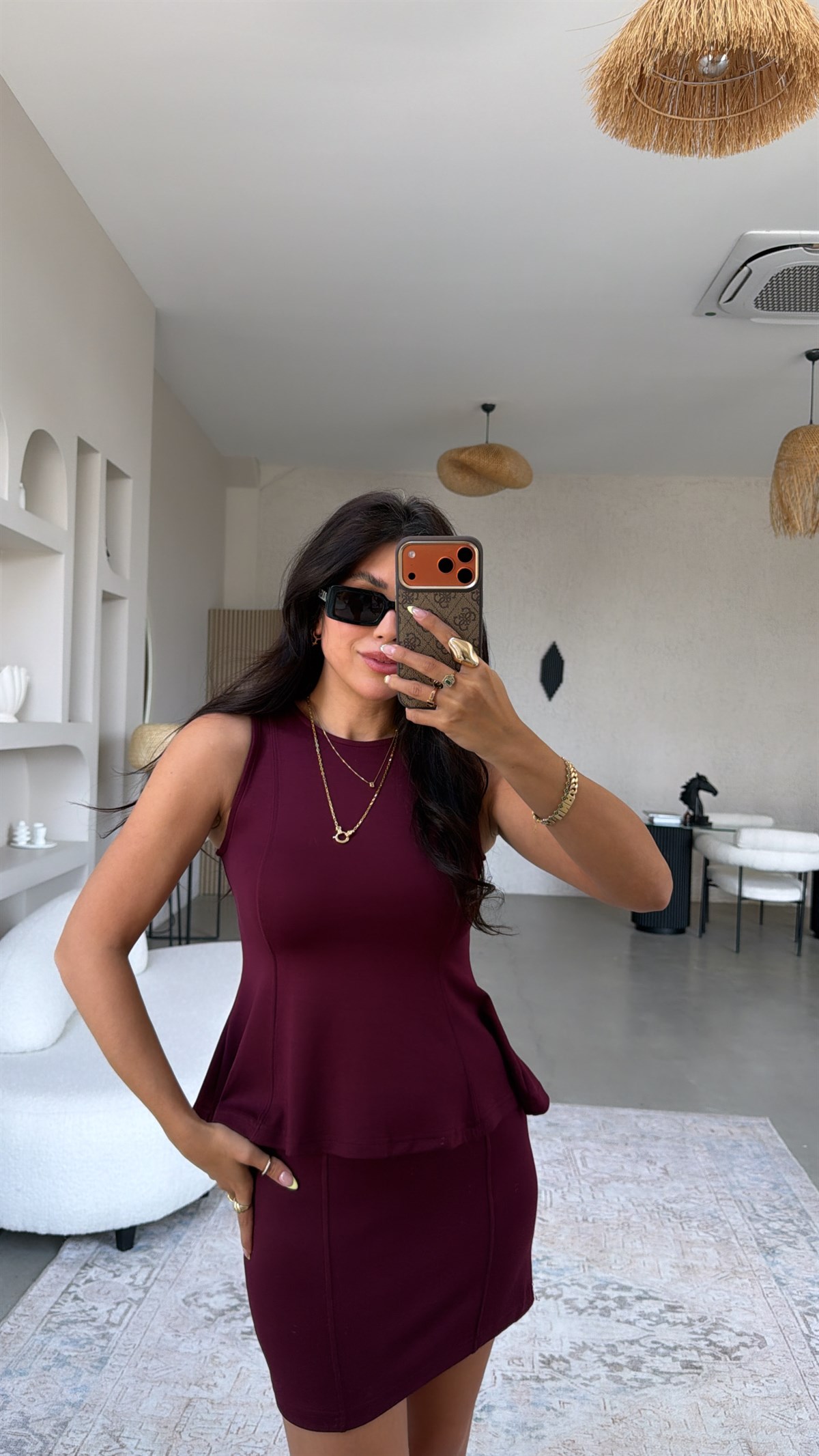Bordo Modal Volanlı Bluz Mini Etek Takım