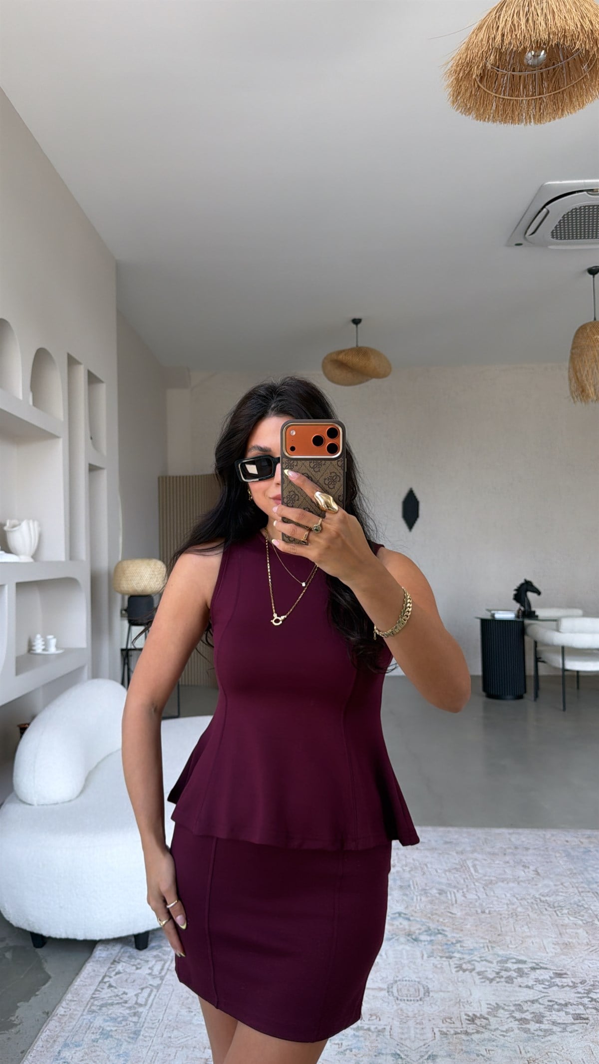 Bordo Modal Volanlı Bluz Mini Etek Takım