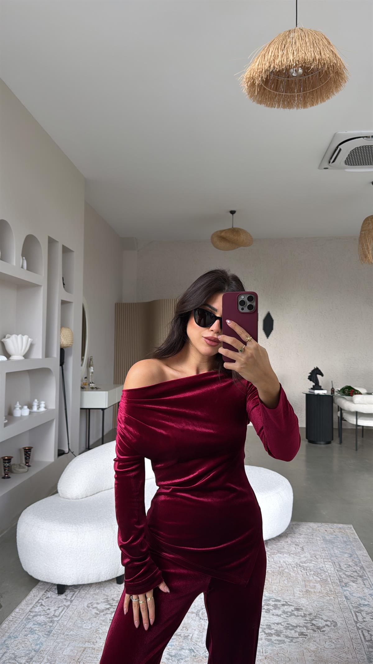 Bordo Omuz Drape Detay Bluz