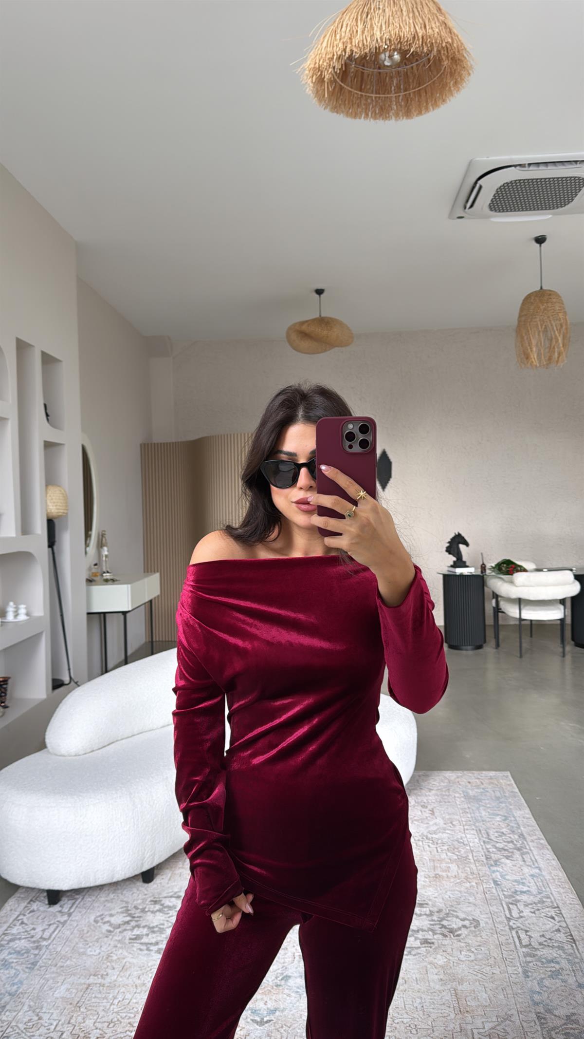 Bordo Omuz Drape Detay Bluz