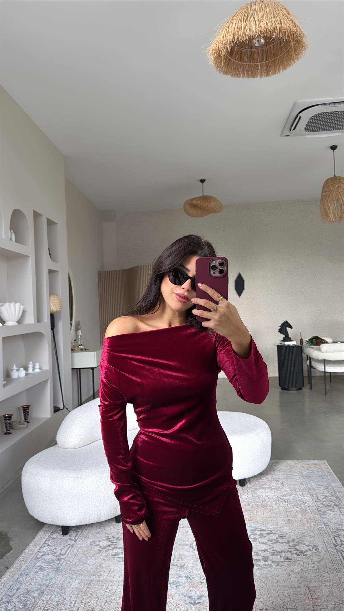 Bordo Omuz Drape Detay Bluz