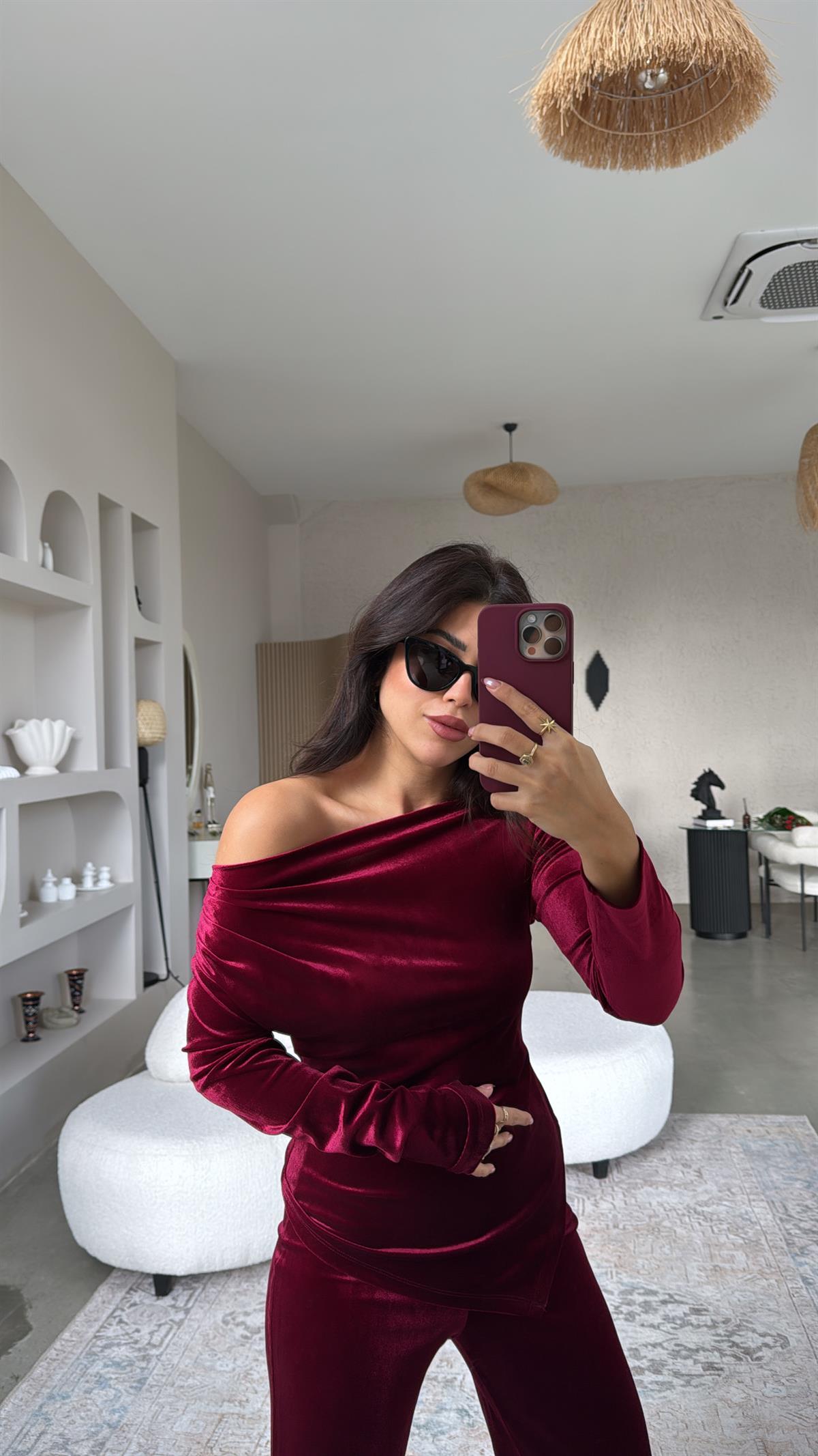 Bordo Omuz Drape Detay Bluz