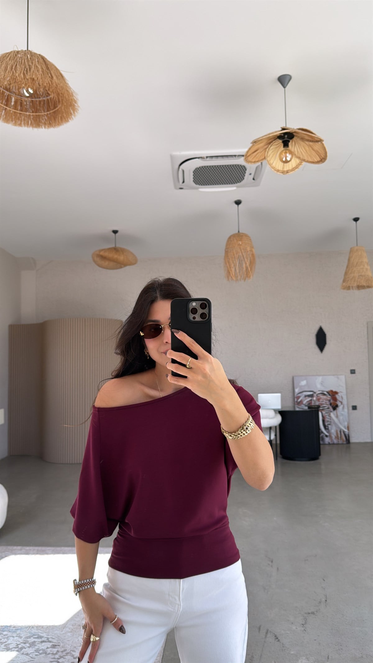 Bordo Omzu Açık Kısa Kollu Modal Bluz