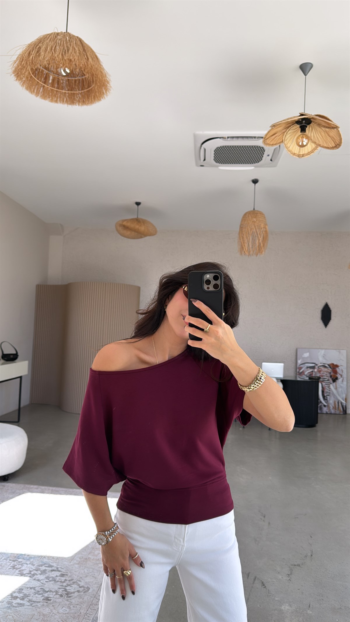 Bordo Omzu Açık Kısa Kollu Modal Bluz