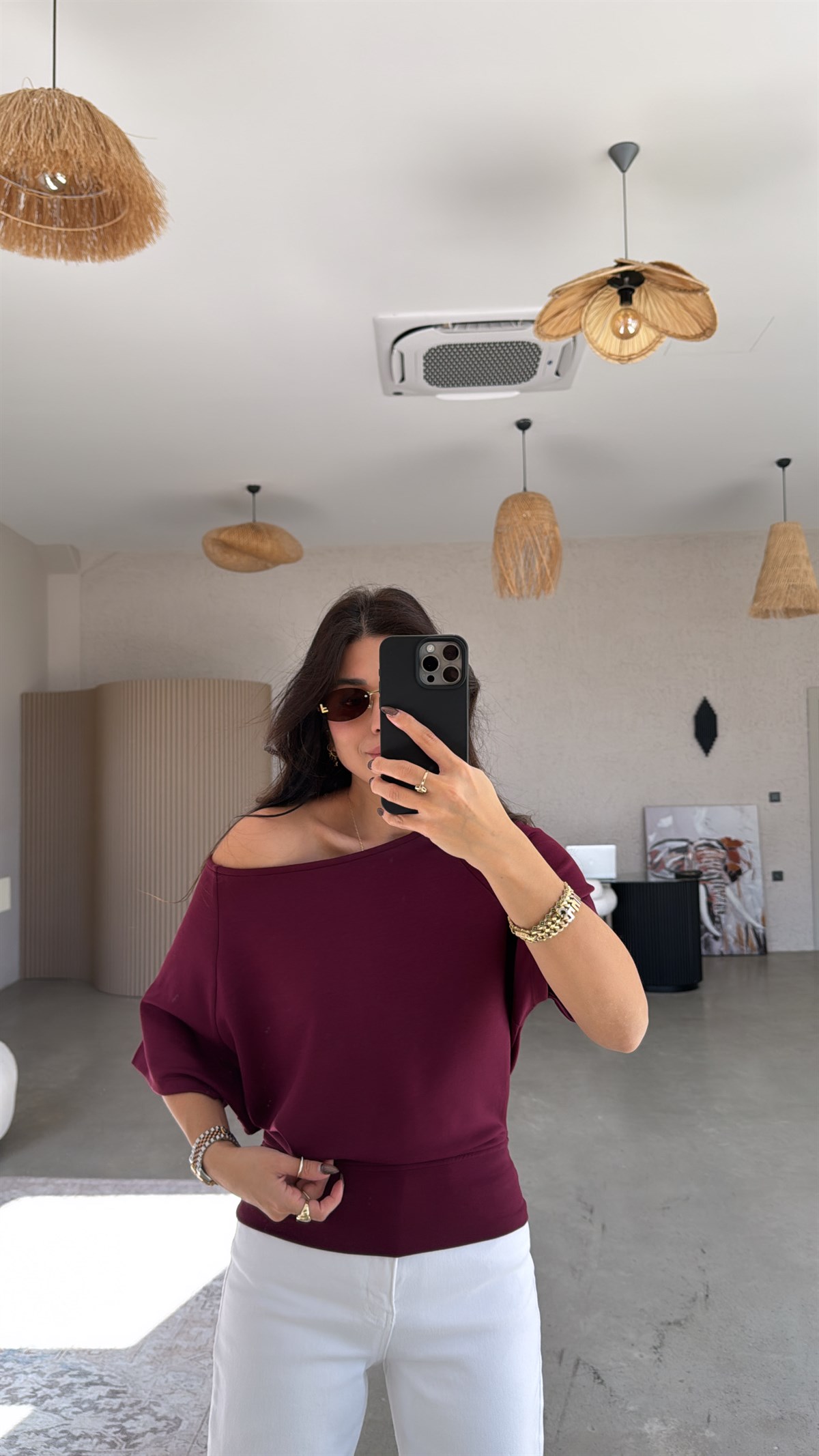 Bordo Omzu Açık Kısa Kollu Modal Bluz