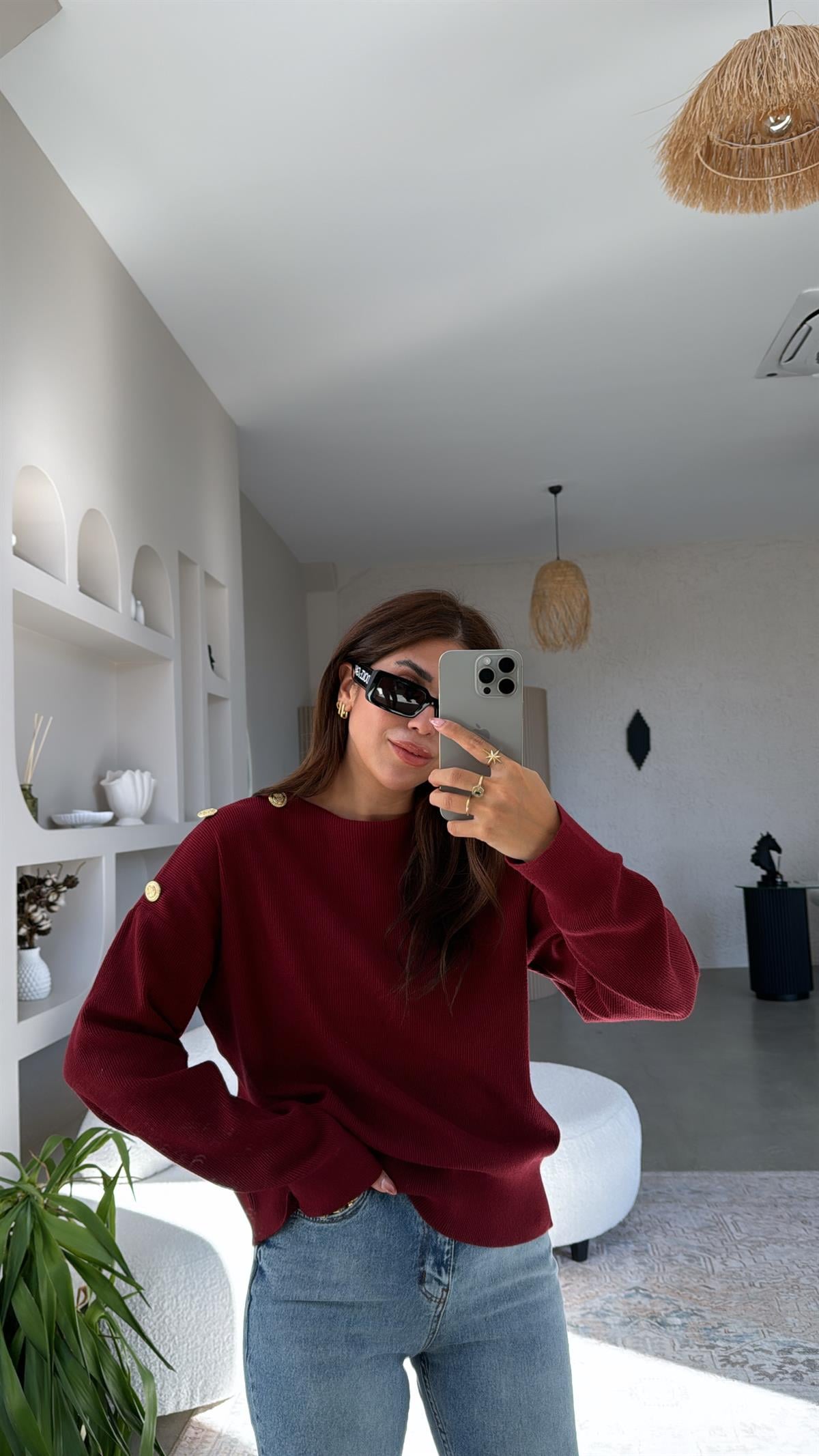 Bordo Omzu Gold Düğme Detaylı Triko