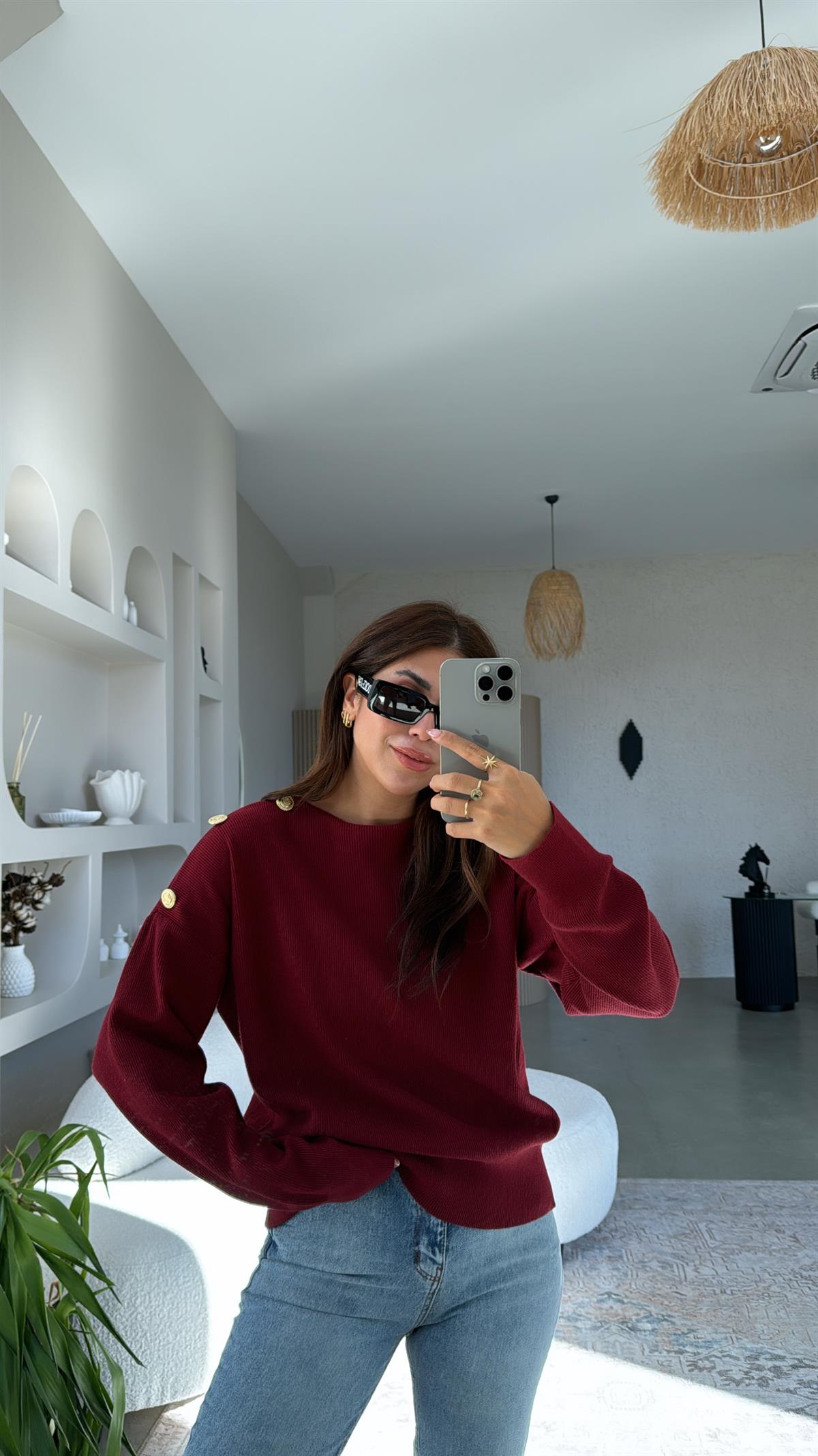 Bordo Omzu Gold Düğme Detaylı Triko