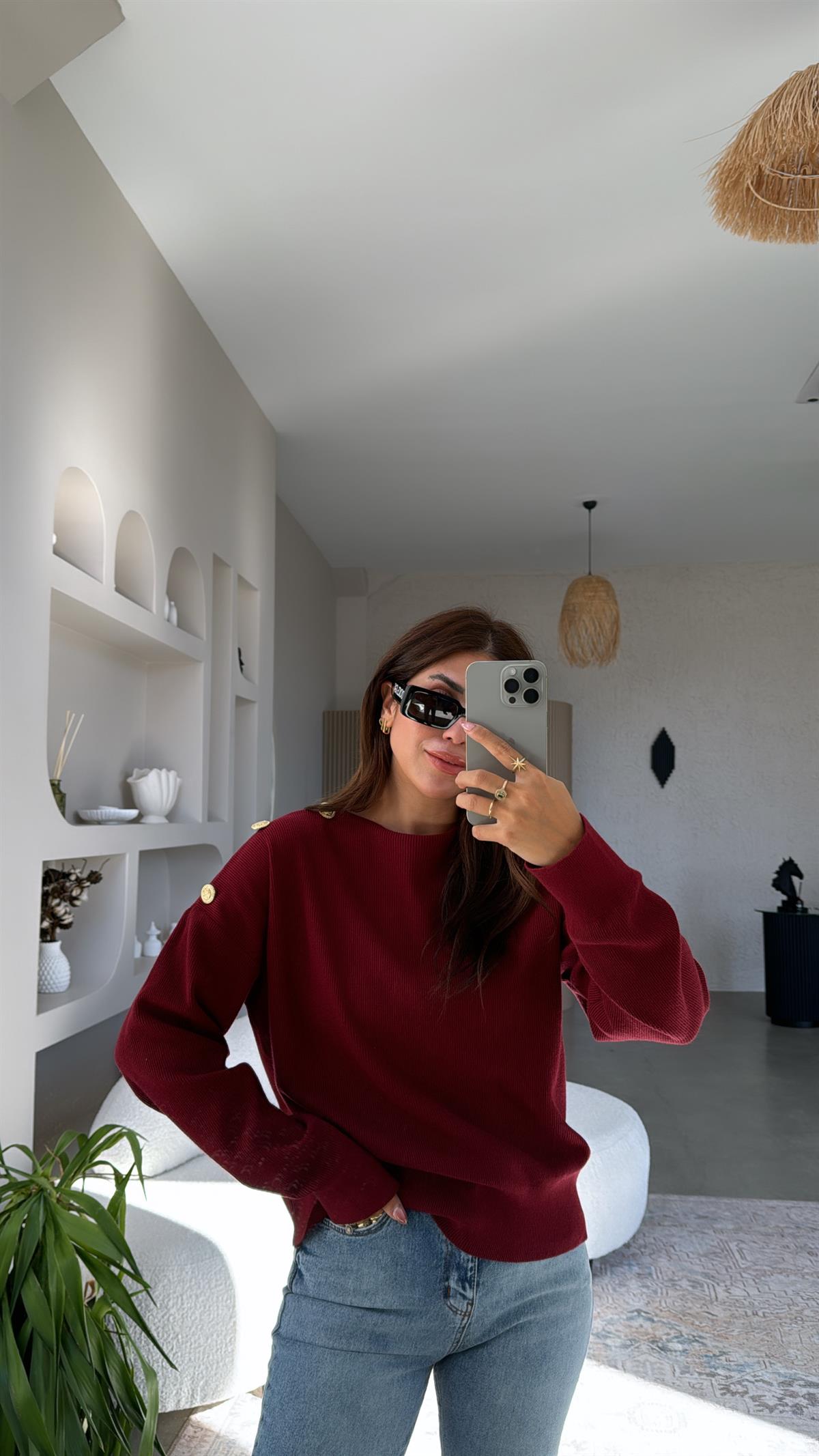 Bordo Omzu Gold Düğme Detaylı Triko