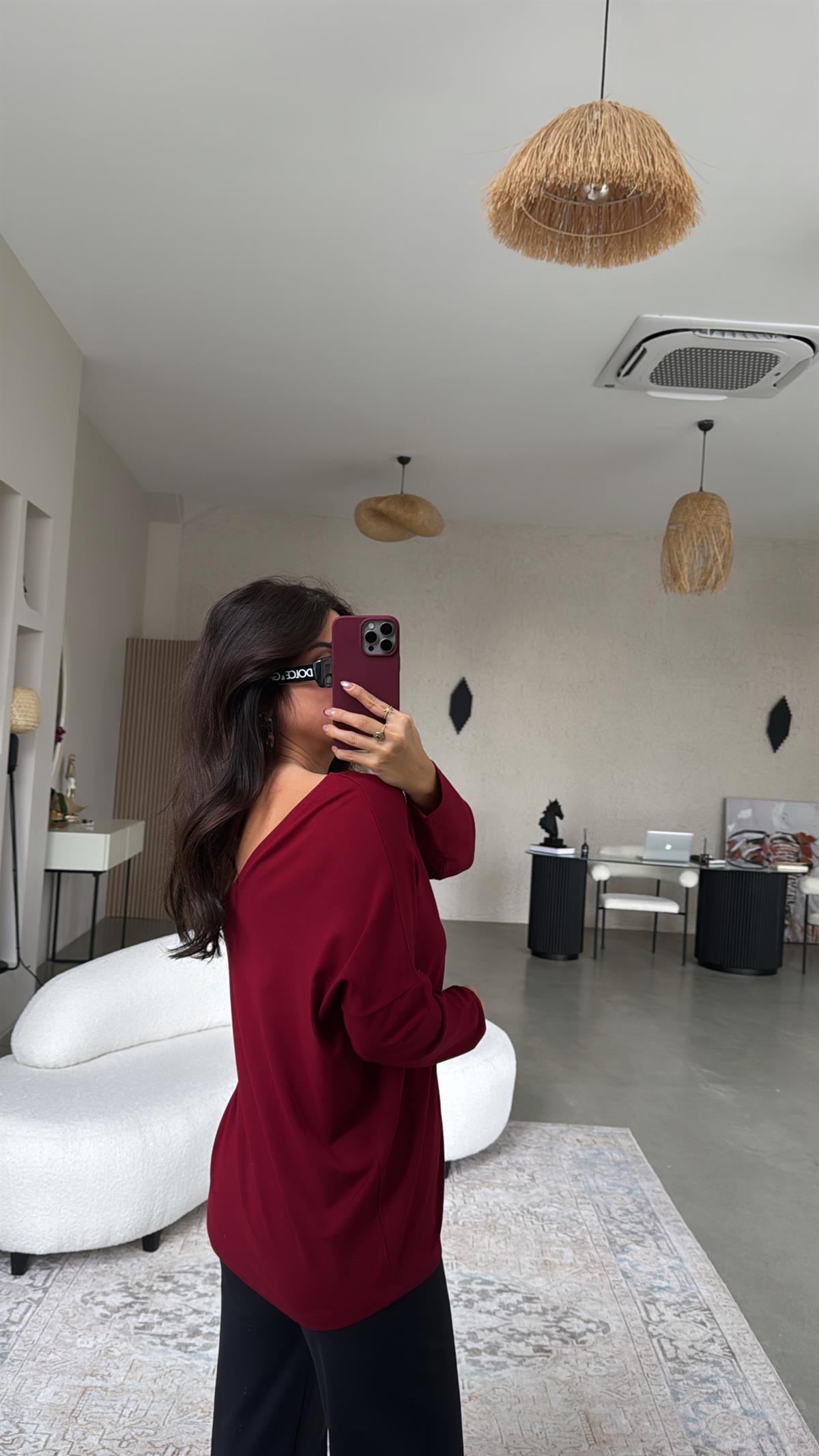 Bordo Ön Arka V Yaka Bluz