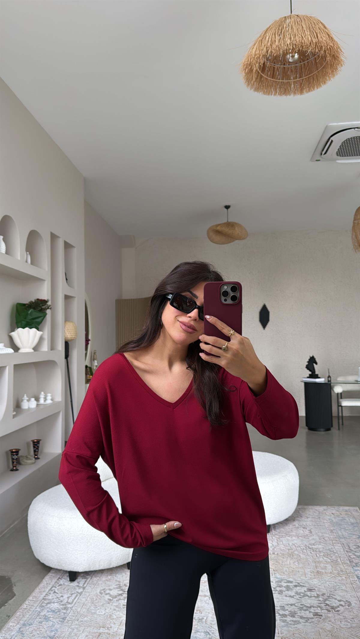 Bordo Ön Arka V Yaka Bluz