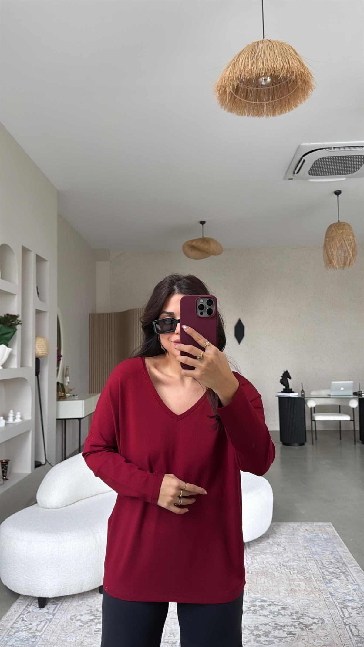 Bordo Ön Arka V Yaka Bluz