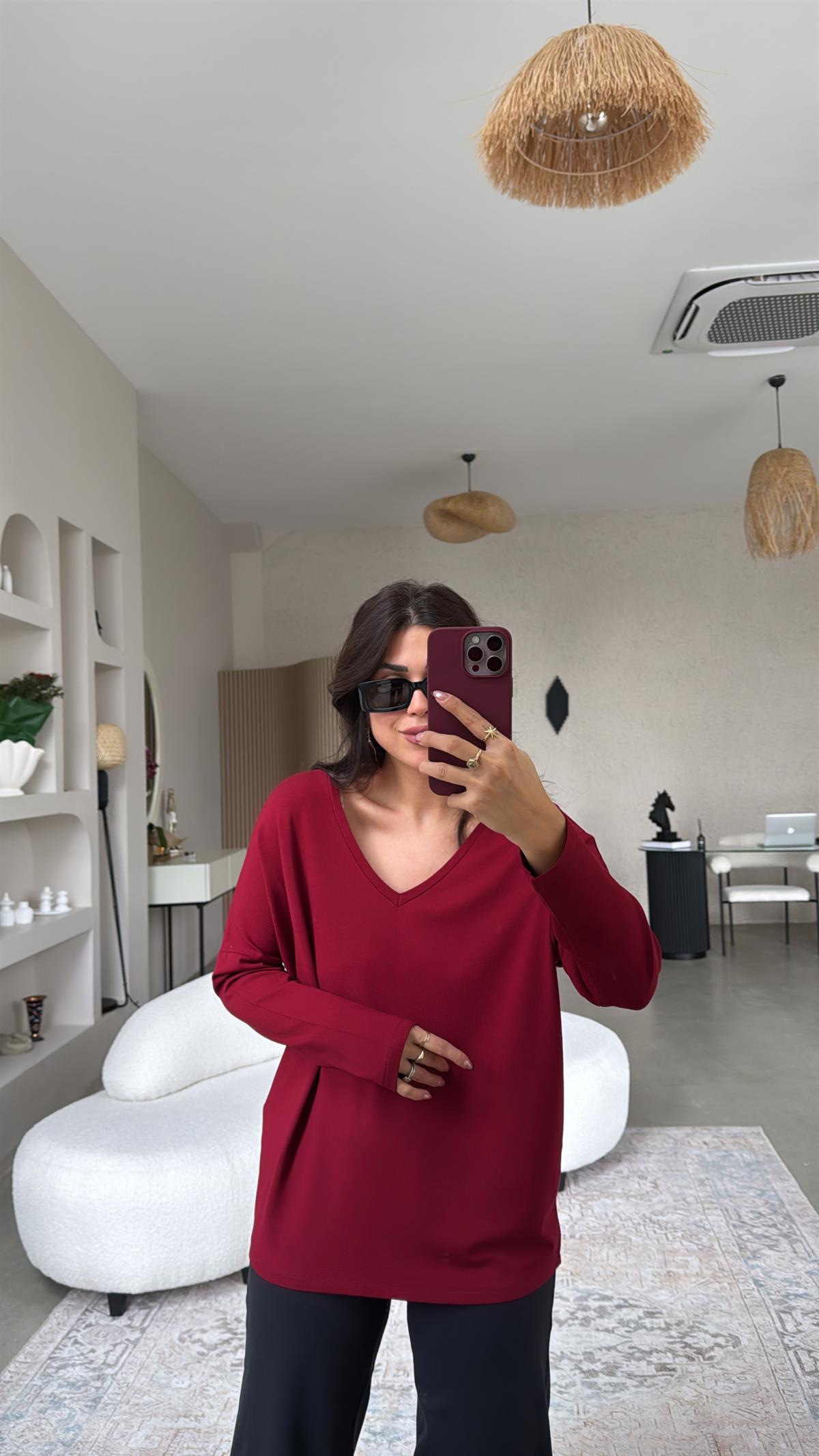 Bordo Ön Arka V Yaka Bluz