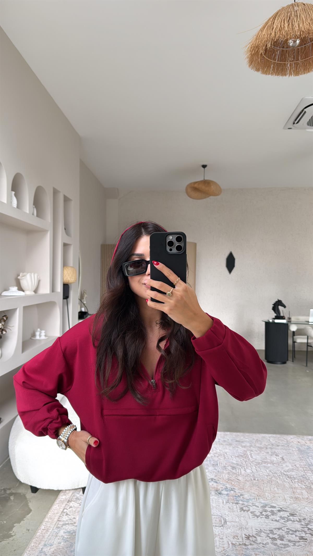 Bordo Ön Kanguru Cepli Modal Sweatshirt