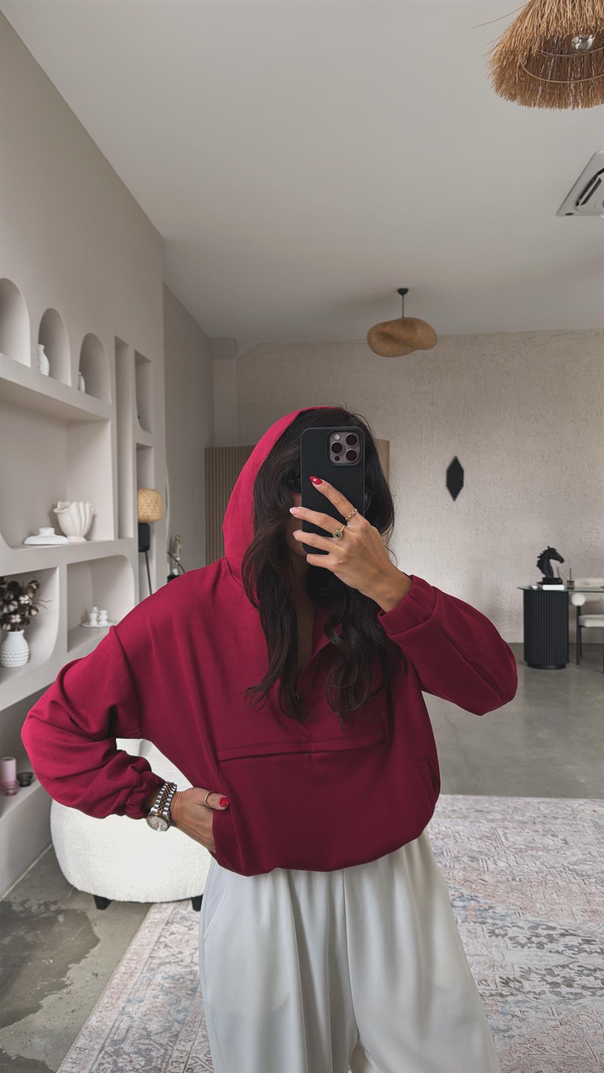 Bordo Ön Kanguru Cepli Modal Sweatshirt