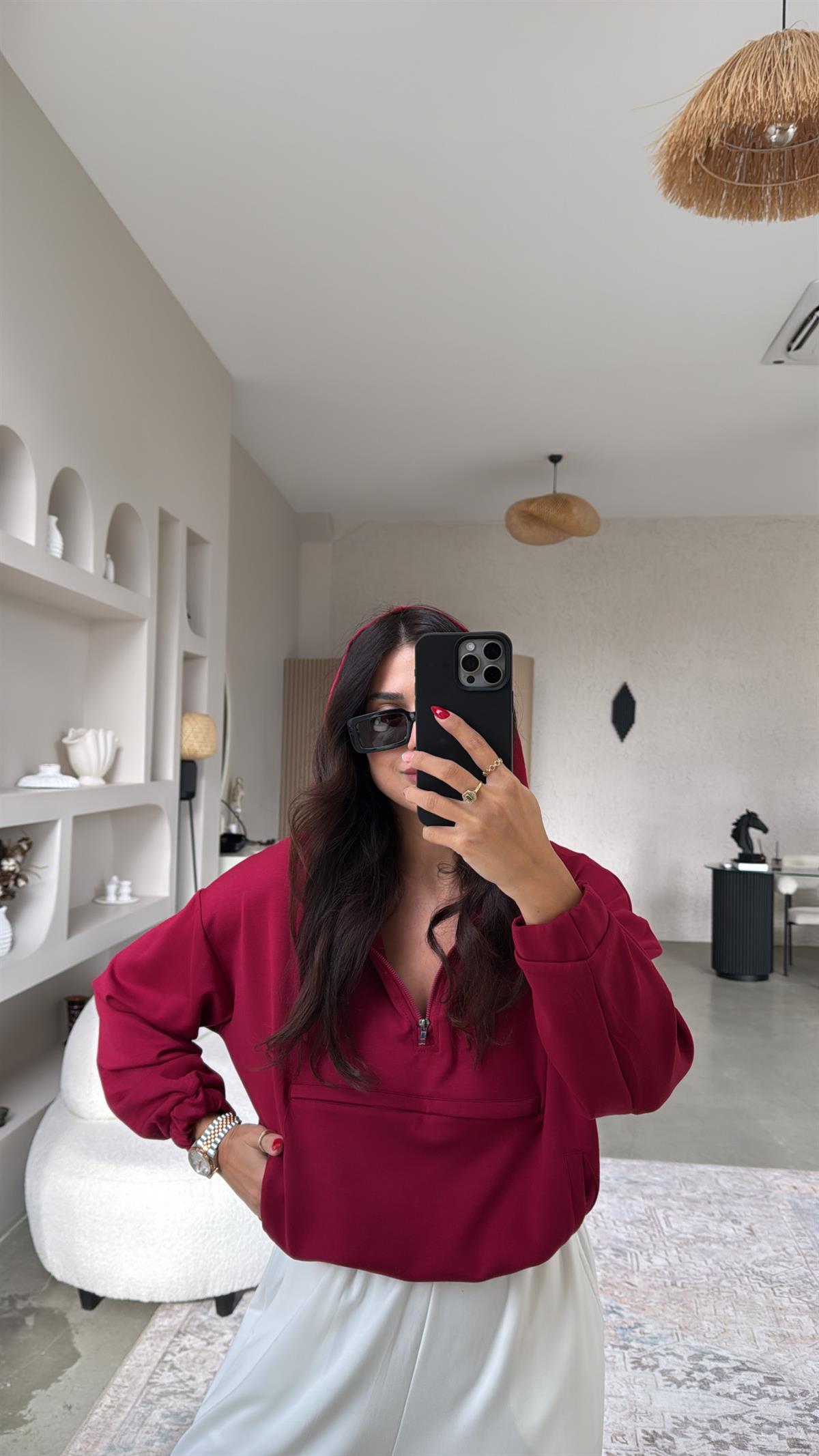 Bordo Ön Kanguru Cepli Modal Sweatshirt