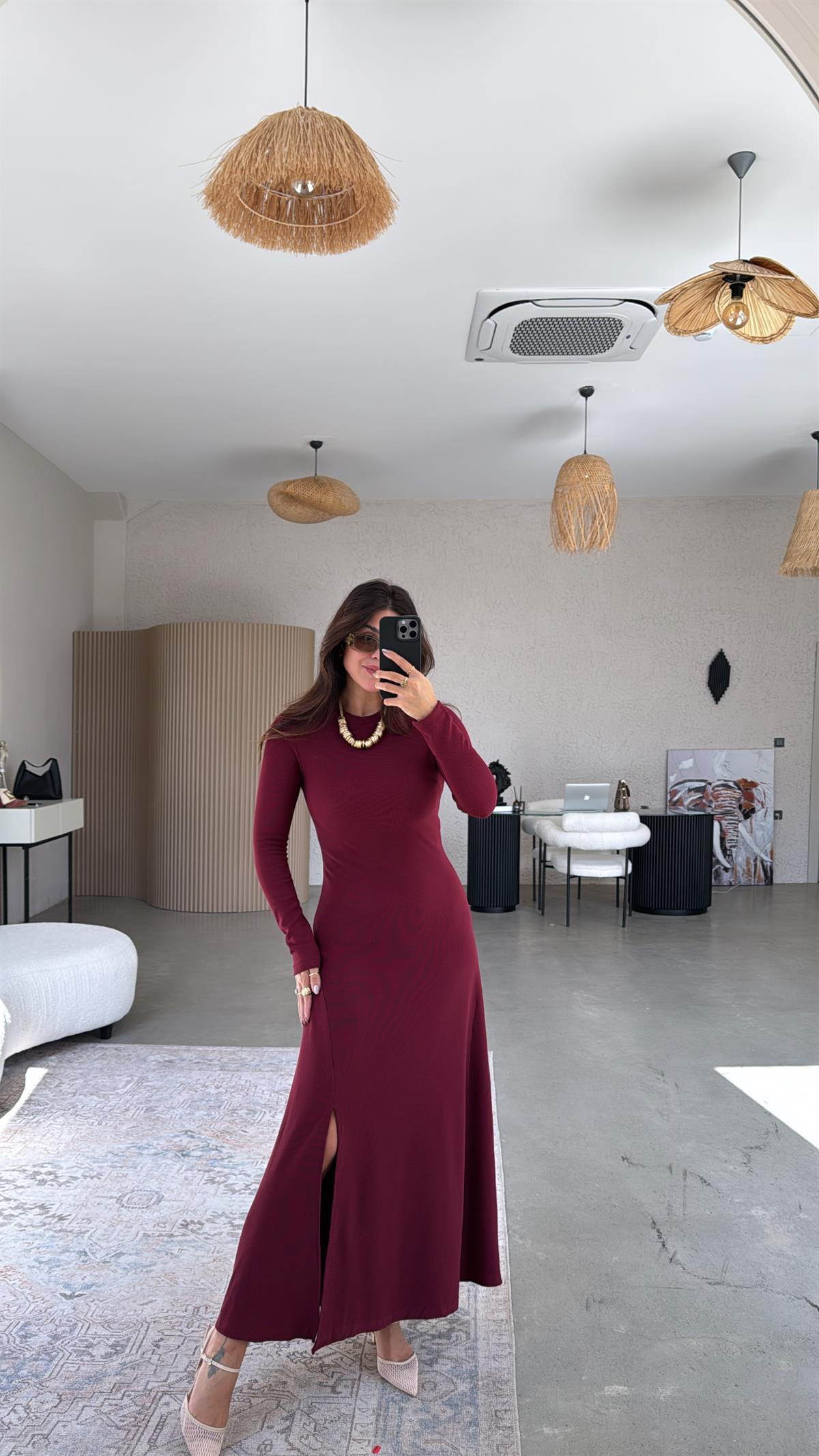 Bordo Ottoman Yırtmaç Detaylı Elbise