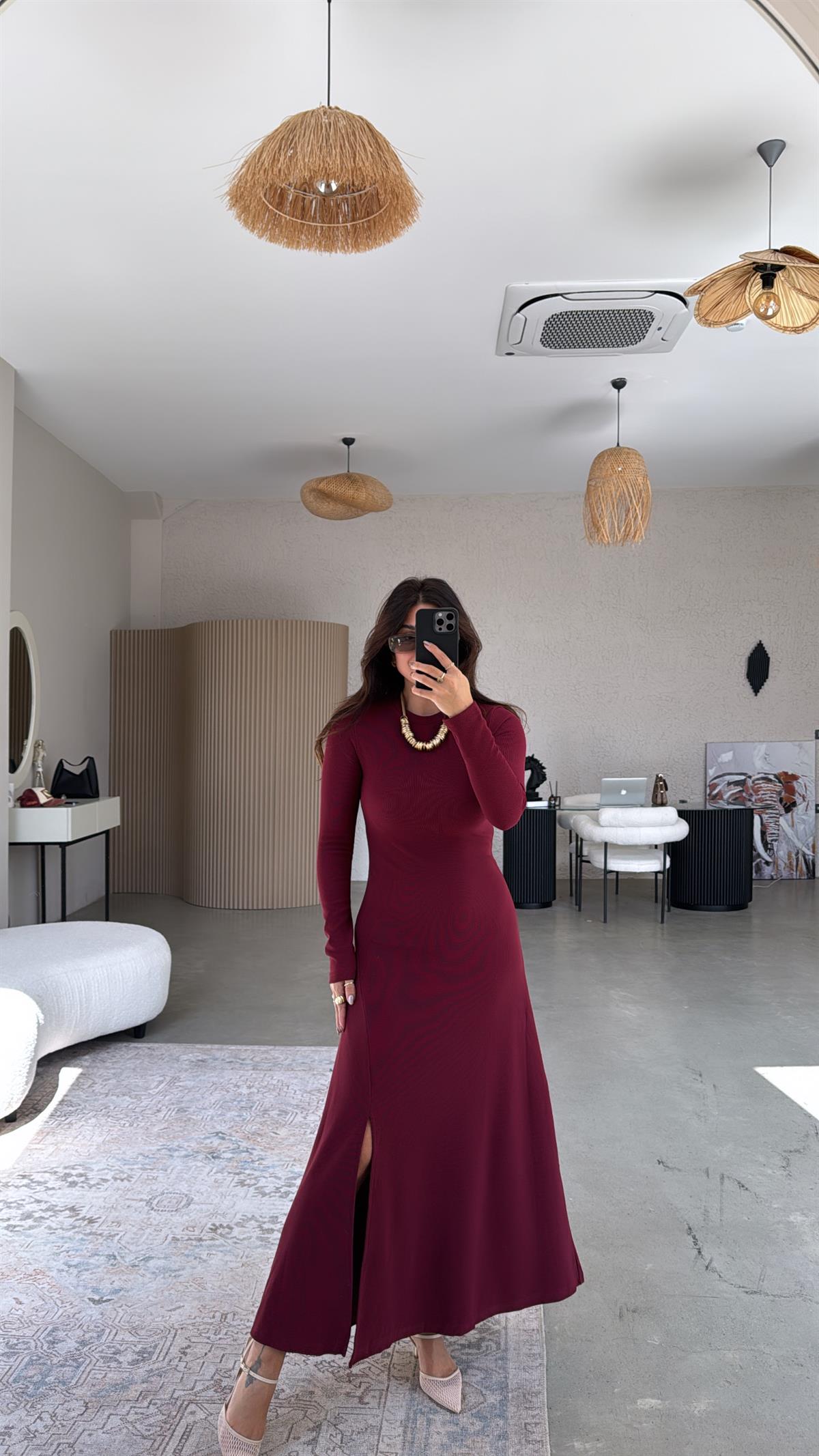 Bordo Ottoman Yırtmaç Detaylı Elbise