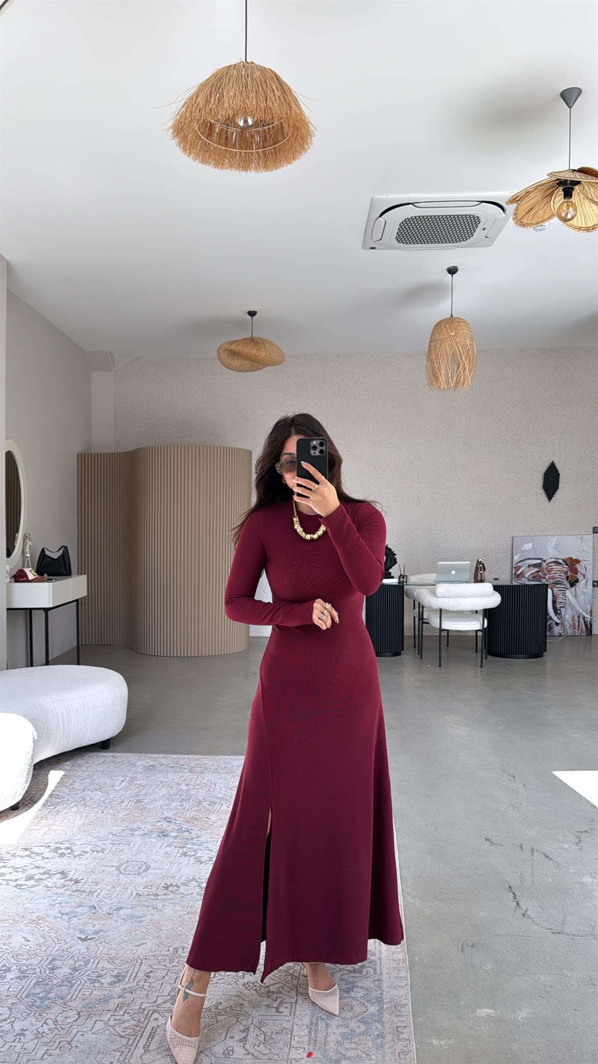 Bordo Ottoman Yırtmaç Detaylı Elbise
