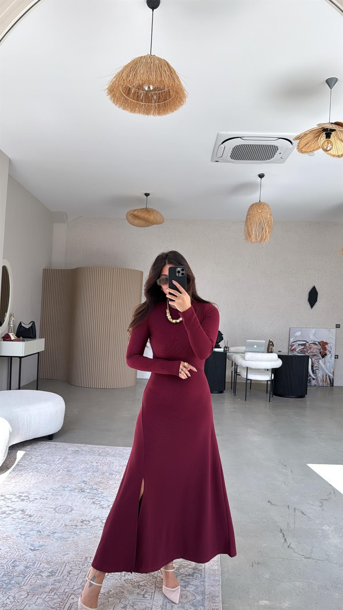 Bordo Ottoman Yırtmaç Detaylı Elbise