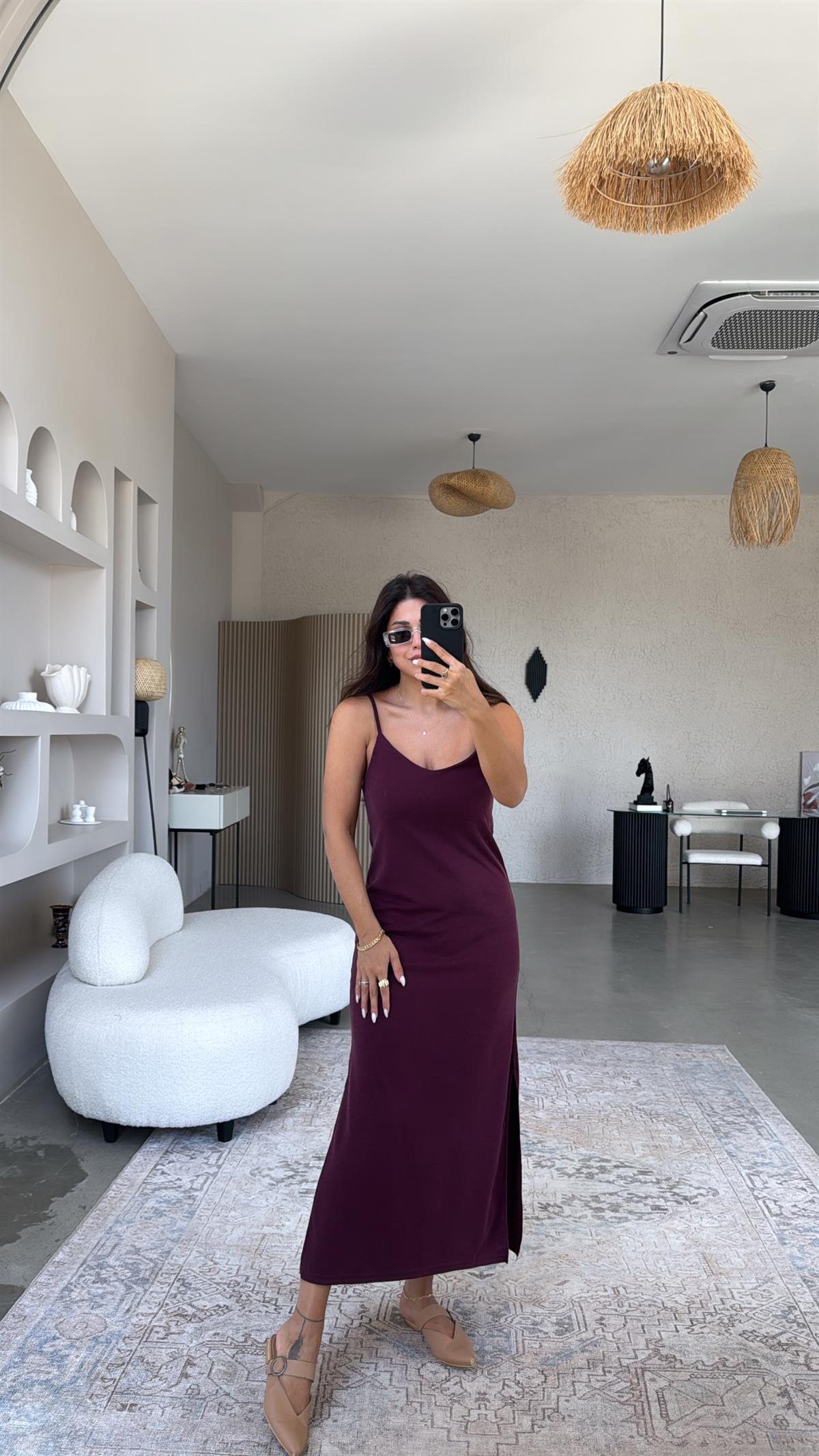 Bordo Oys Askılı Basic Elbise