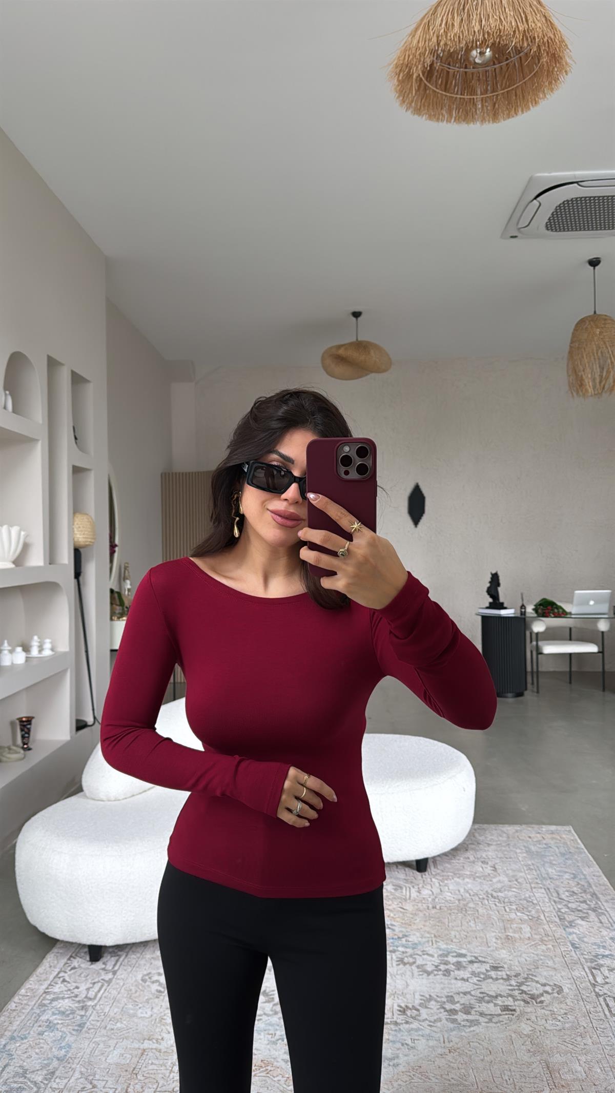 Bordo Oys Kayık Yaka Bluz