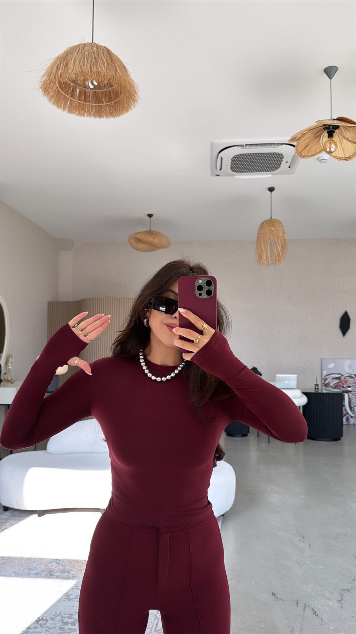Bordo Oys Parmak Geçme Uzun Kollu Body