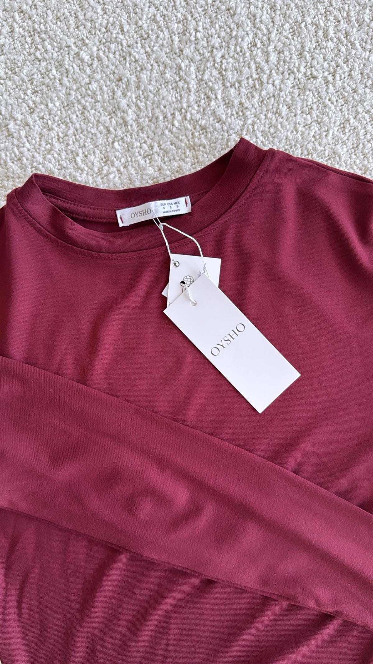 Bordo Oys Parmak Geçme Uzun Kollu Body