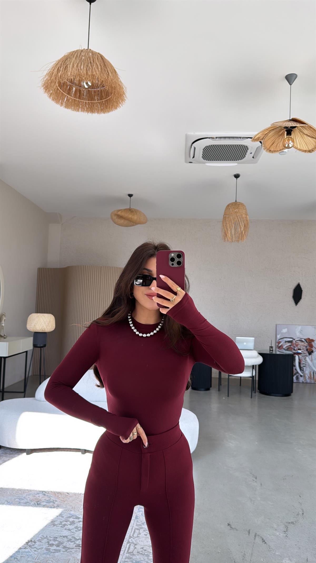 Bordo Oys Parmak Geçme Uzun Kollu Body