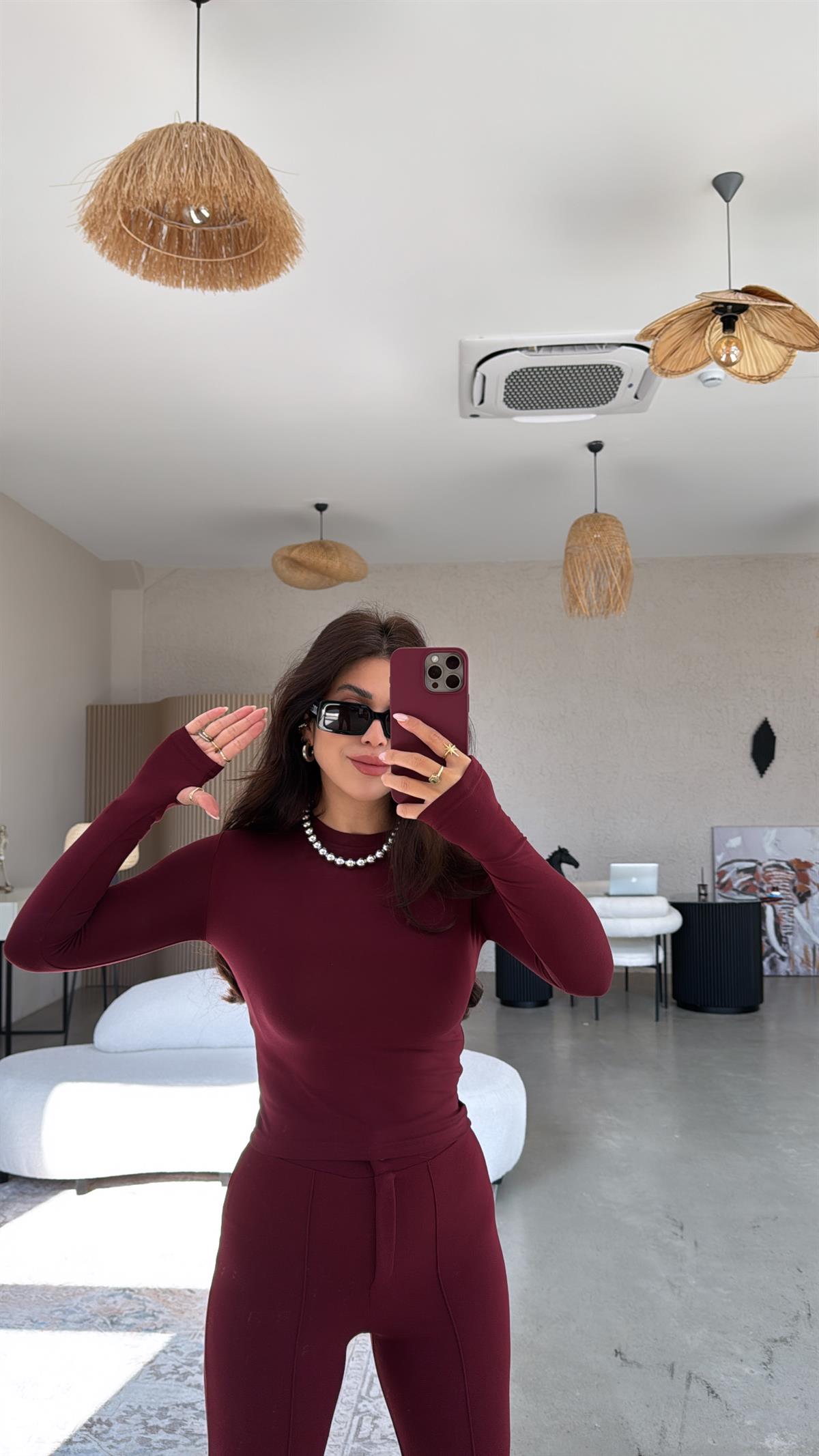 Bordo Oys Parmak Geçme Uzun Kollu Body