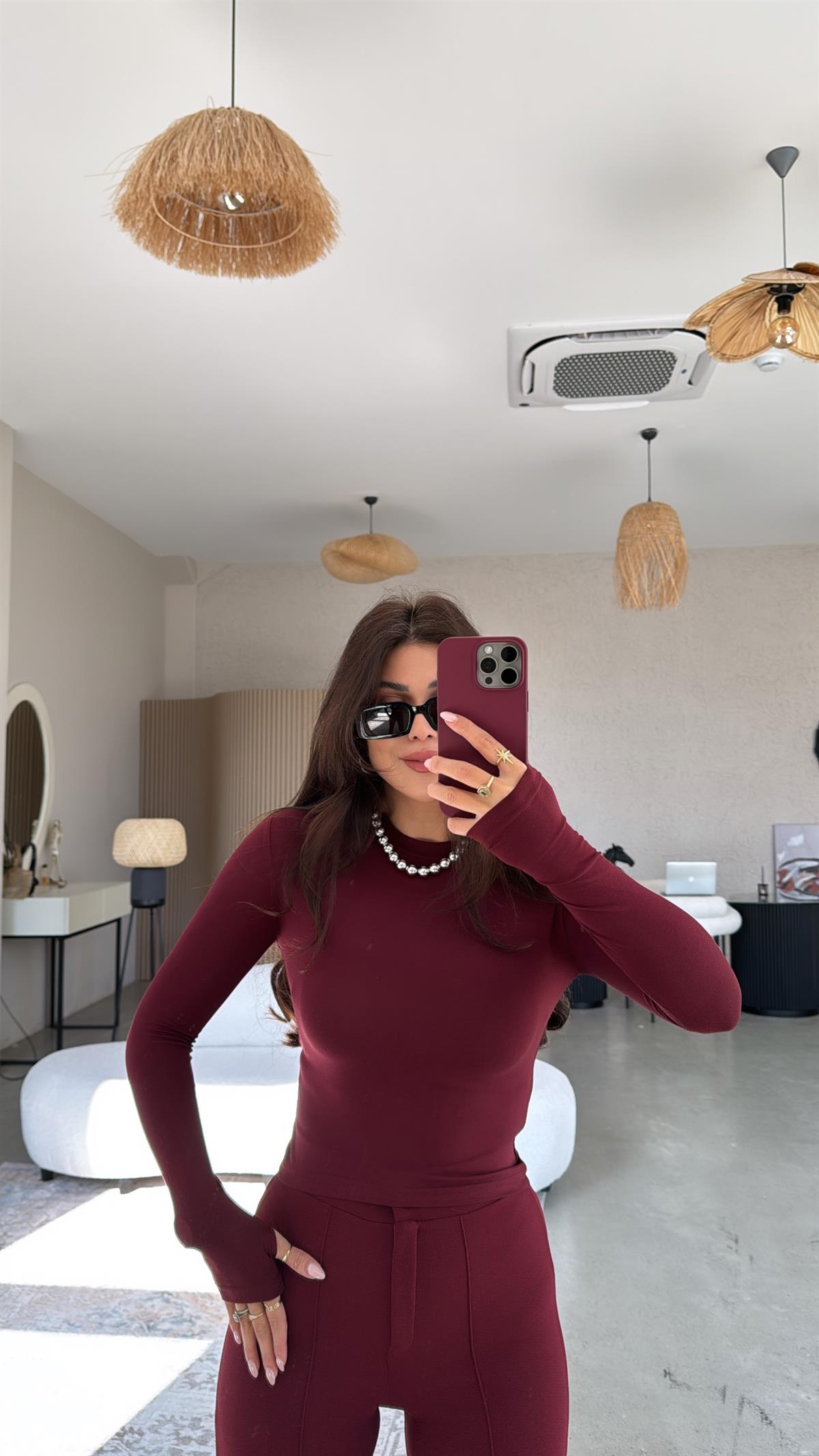 Bordo Oys Parmak Geçme Uzun Kollu Body