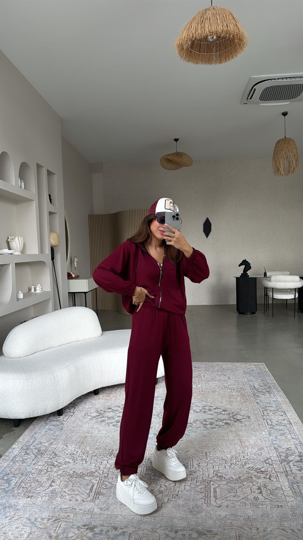 Bordo Paça Lastikli Fermuarlı Ceketli Takım