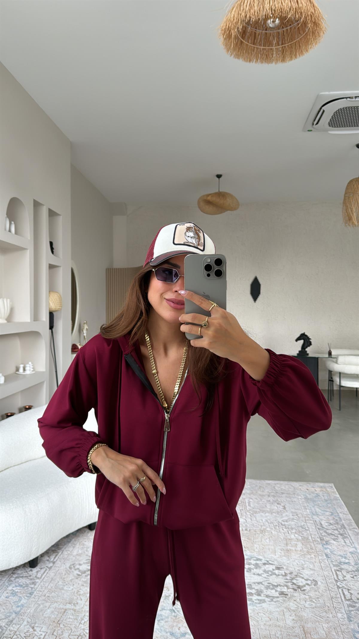 Bordo Paça Lastikli Fermuarlı Ceketli Takım