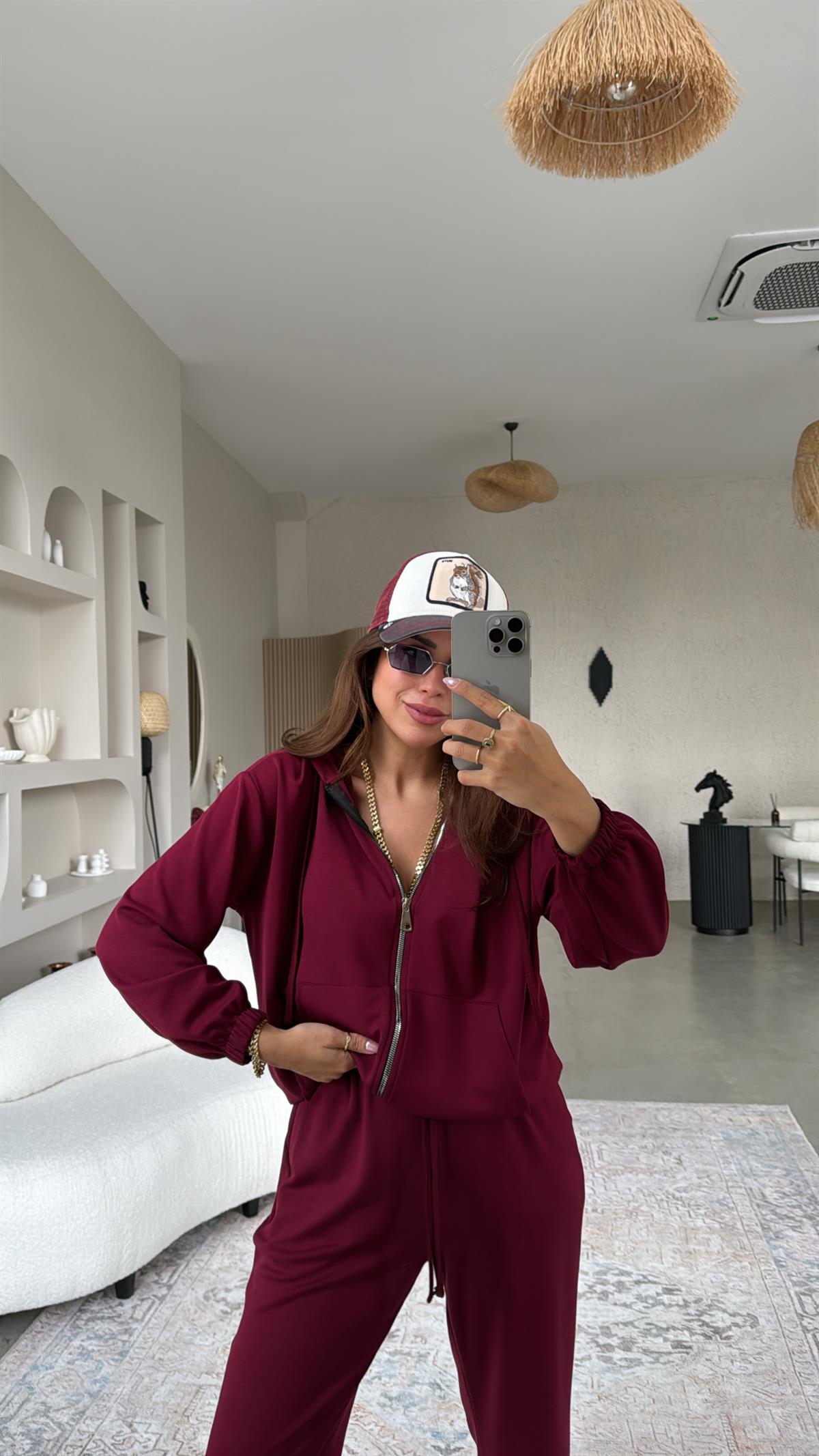 Bordo Paça Lastikli Fermuarlı Ceketli Takım