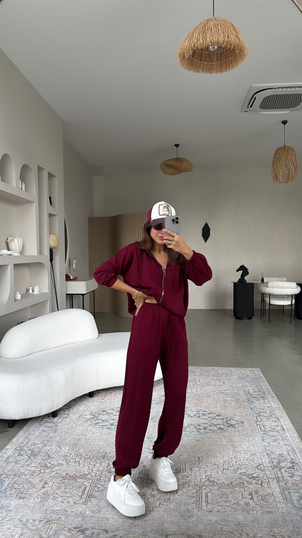 Bordo Paça Lastikli Fermuarlı Ceketli Takım