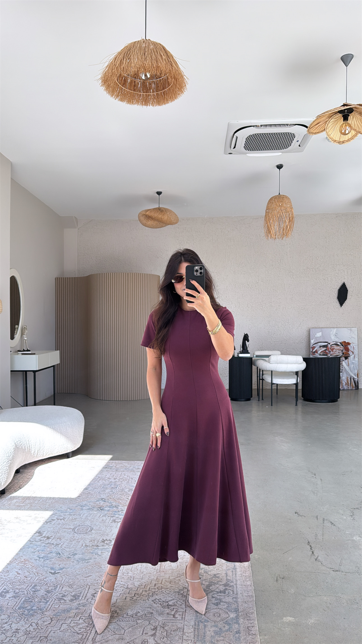 Bordo Parçalı Massi Model Maxi Elbise