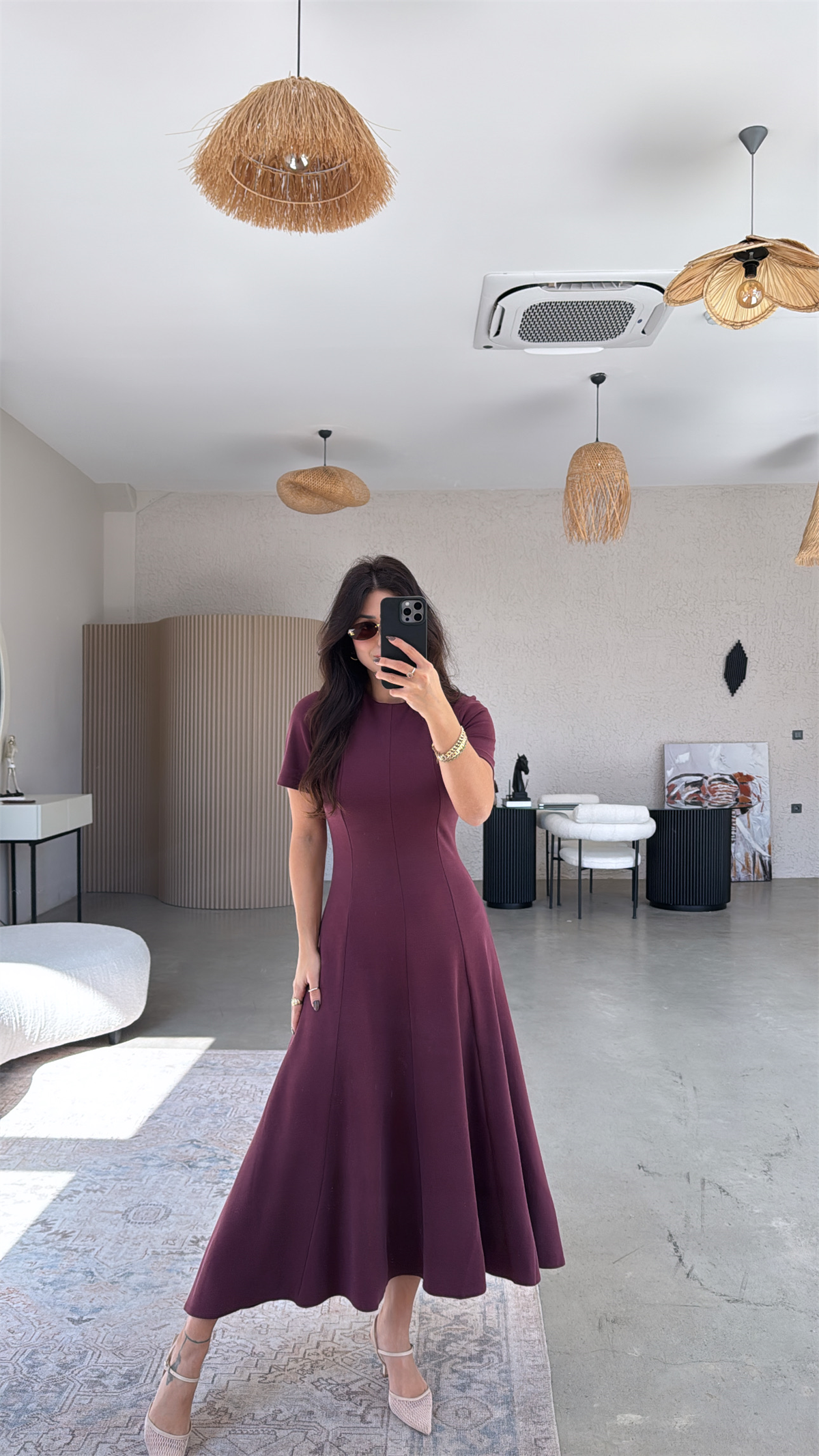 Bordo Parçalı Massi Model Maxi Elbise