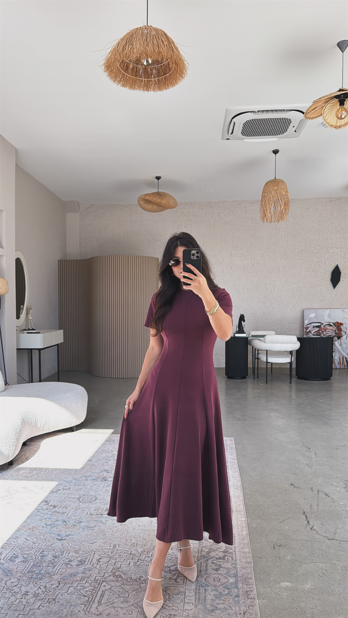 Bordo Parçalı Massi Model Maxi Elbise