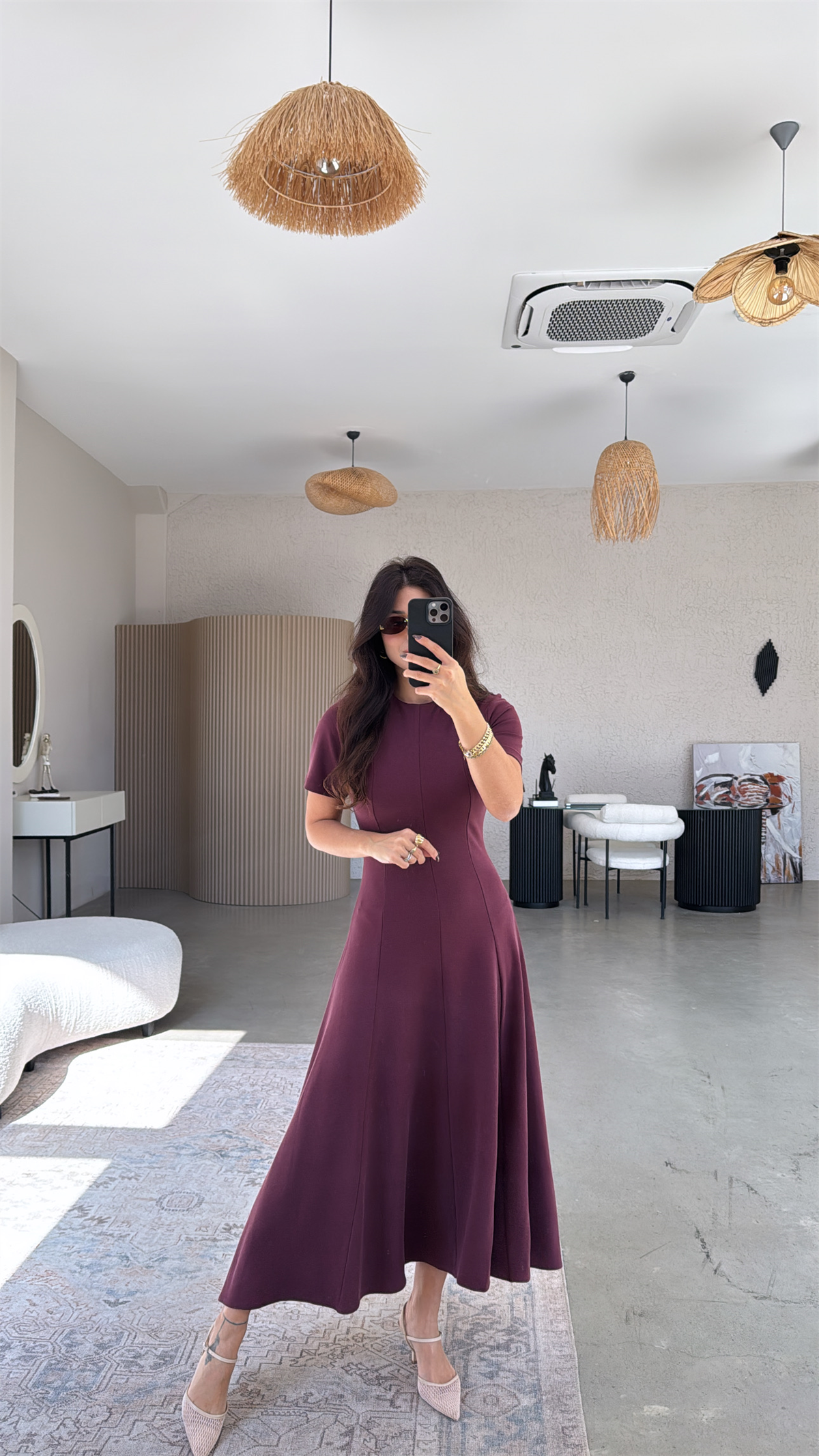 Bordo Parçalı Massi Model Maxi Elbise