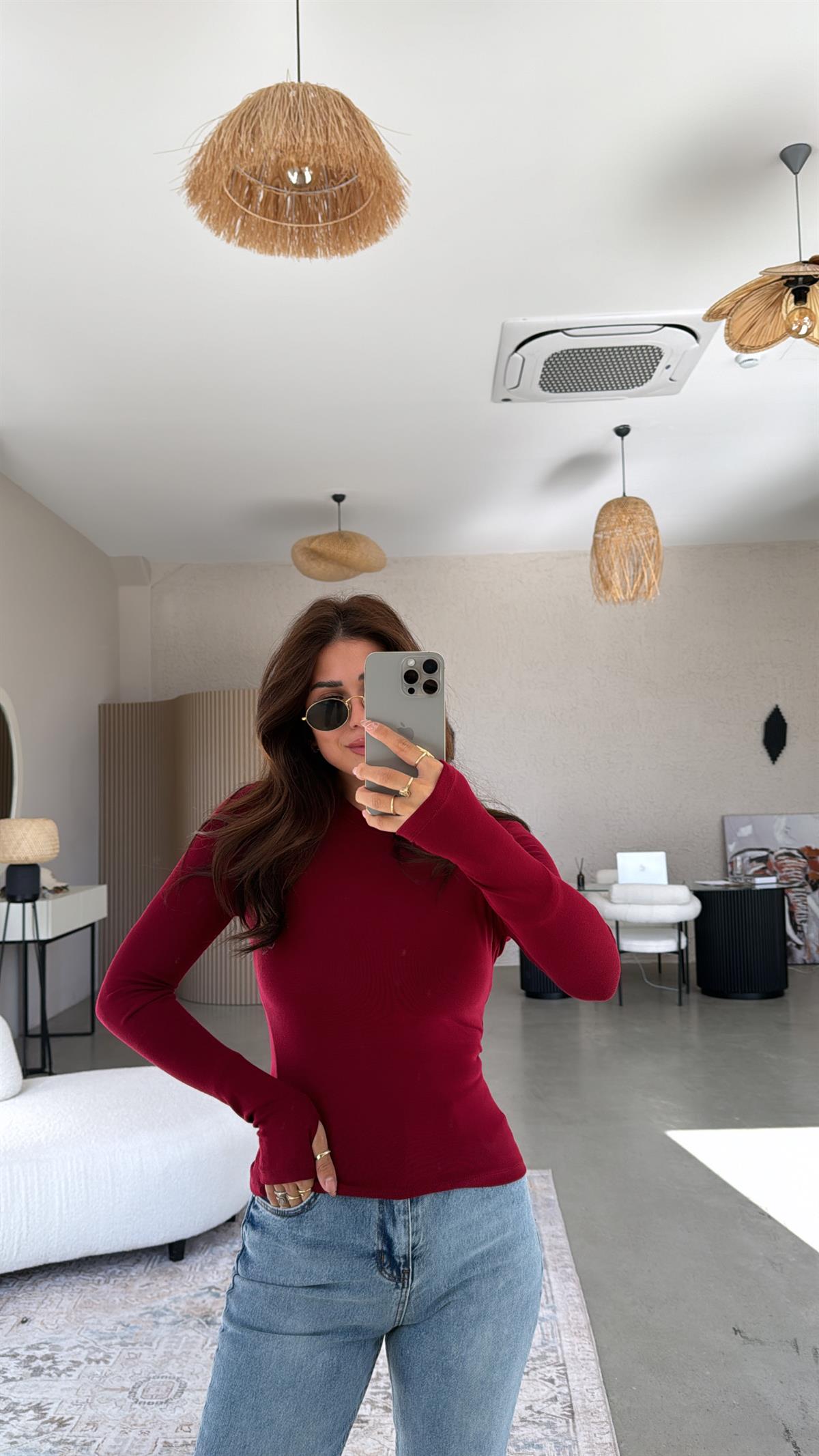 Bordo Parmak Geçme Oys Kumaş Body