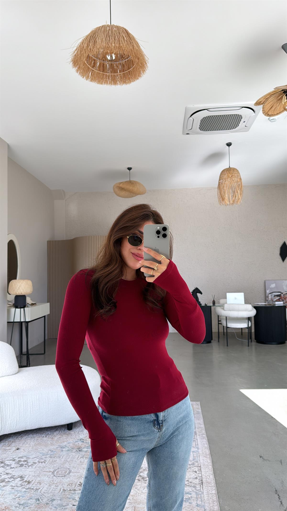 Bordo Parmak Geçme Oys Kumaş Body