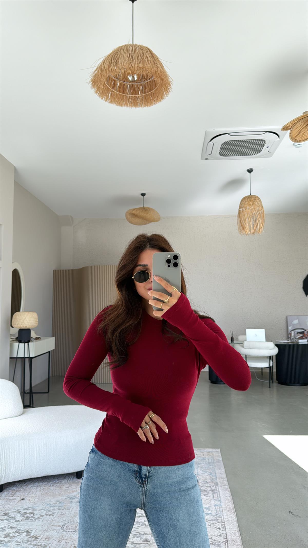 Bordo Parmak Geçme Oys Kumaş Body