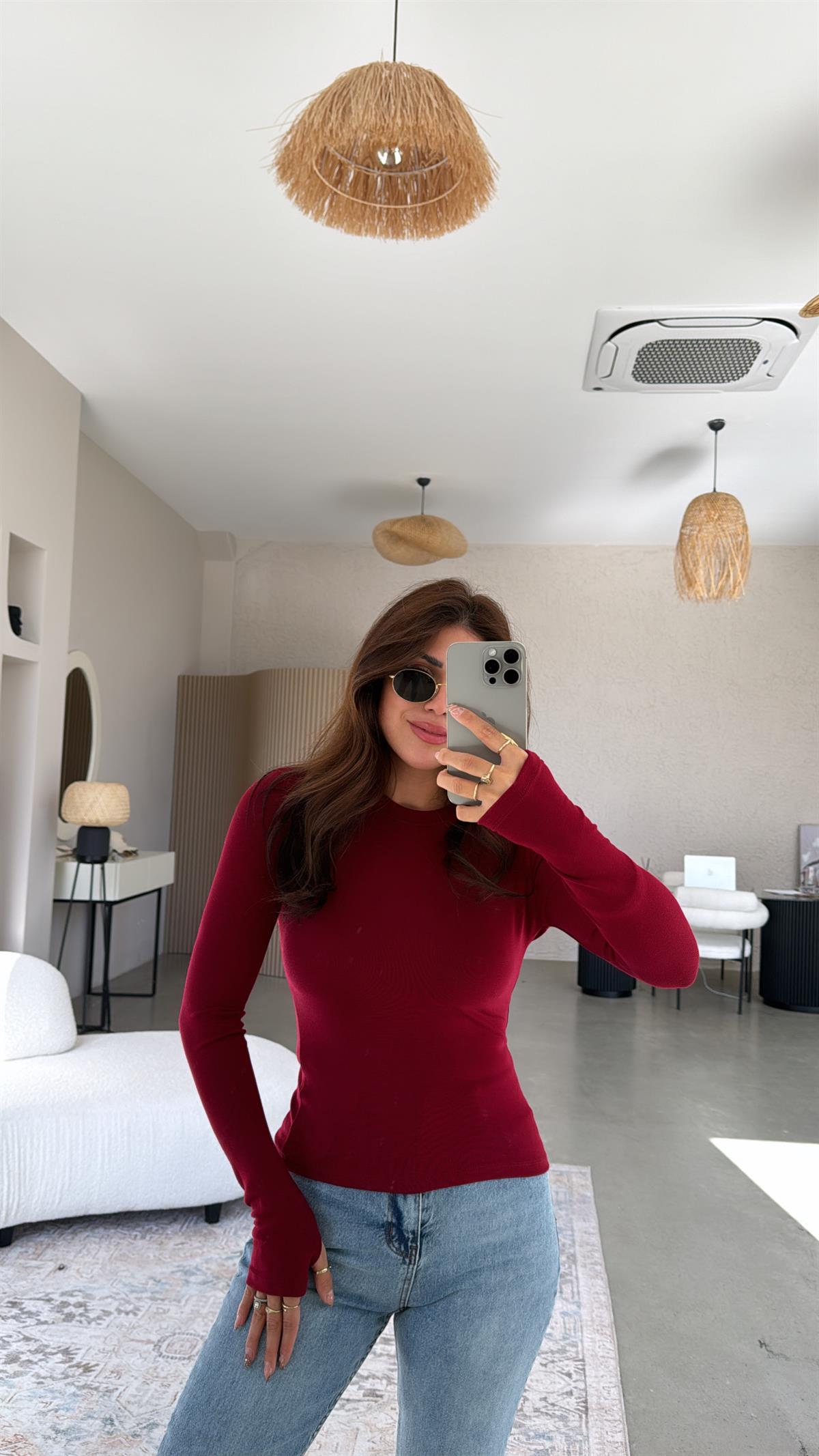 Bordo Parmak Geçme Oys Kumaş Body